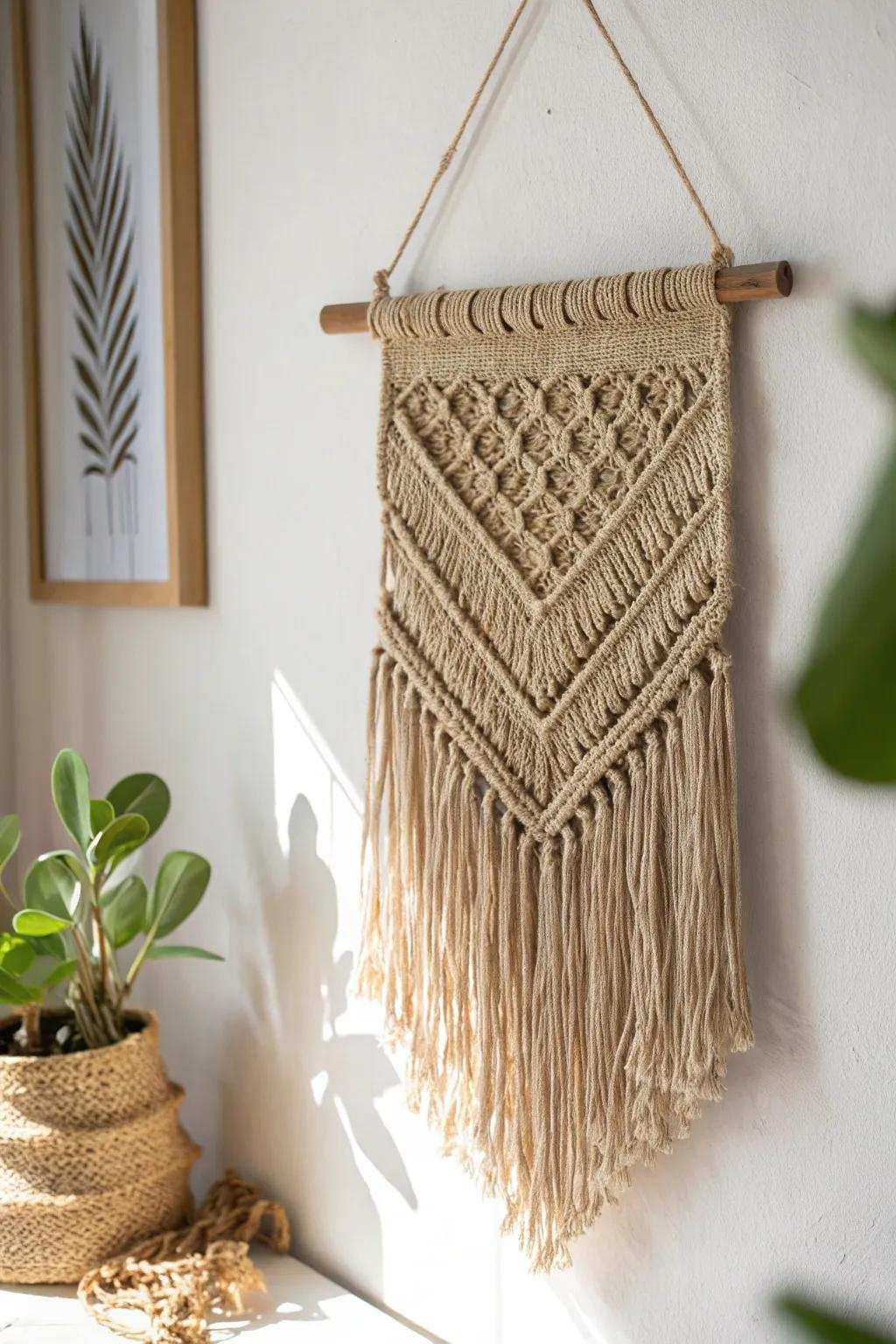 Transform your space using an element of boho elegance employing a handcrafted grain sack wall hanging.