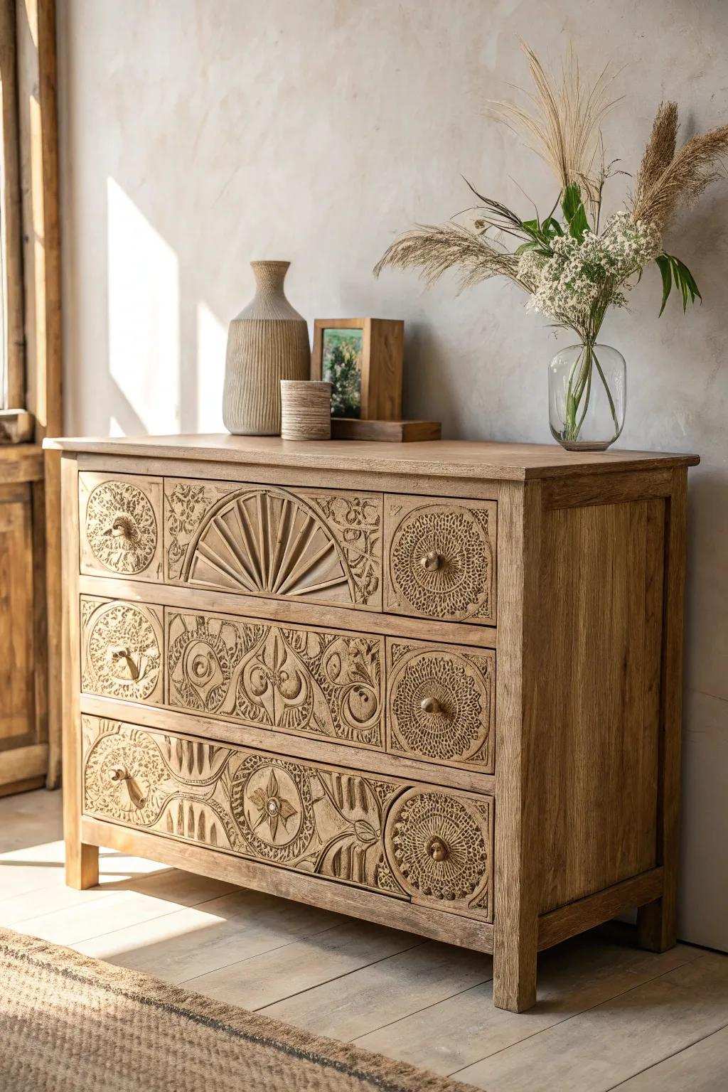 Transform your space with a hint of bohemian elegance and Scandinavian simplicity through textured carvings.