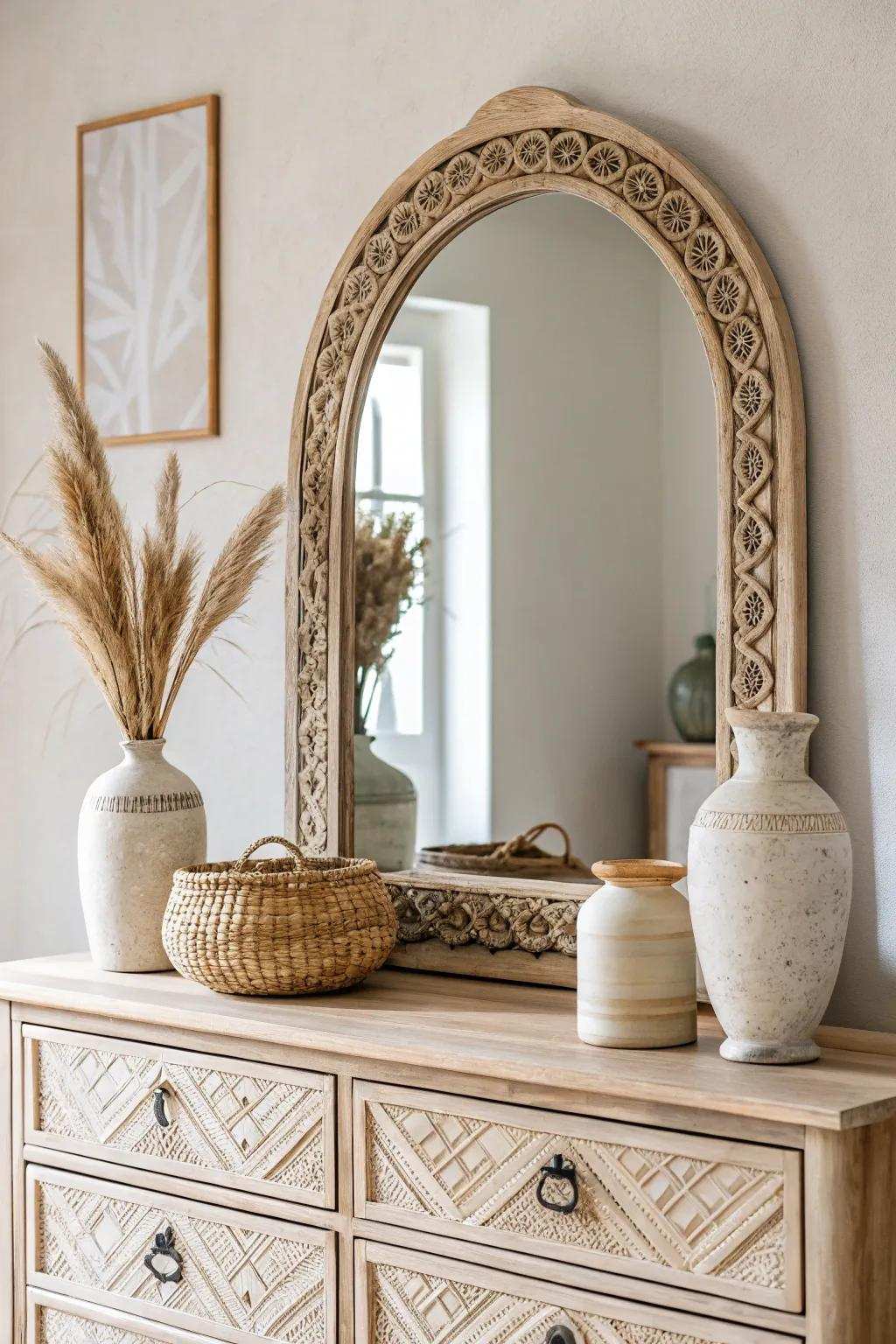 Transform your space with a touch of elegance: the perfect boho mirror completes your minimalist dresser setup.