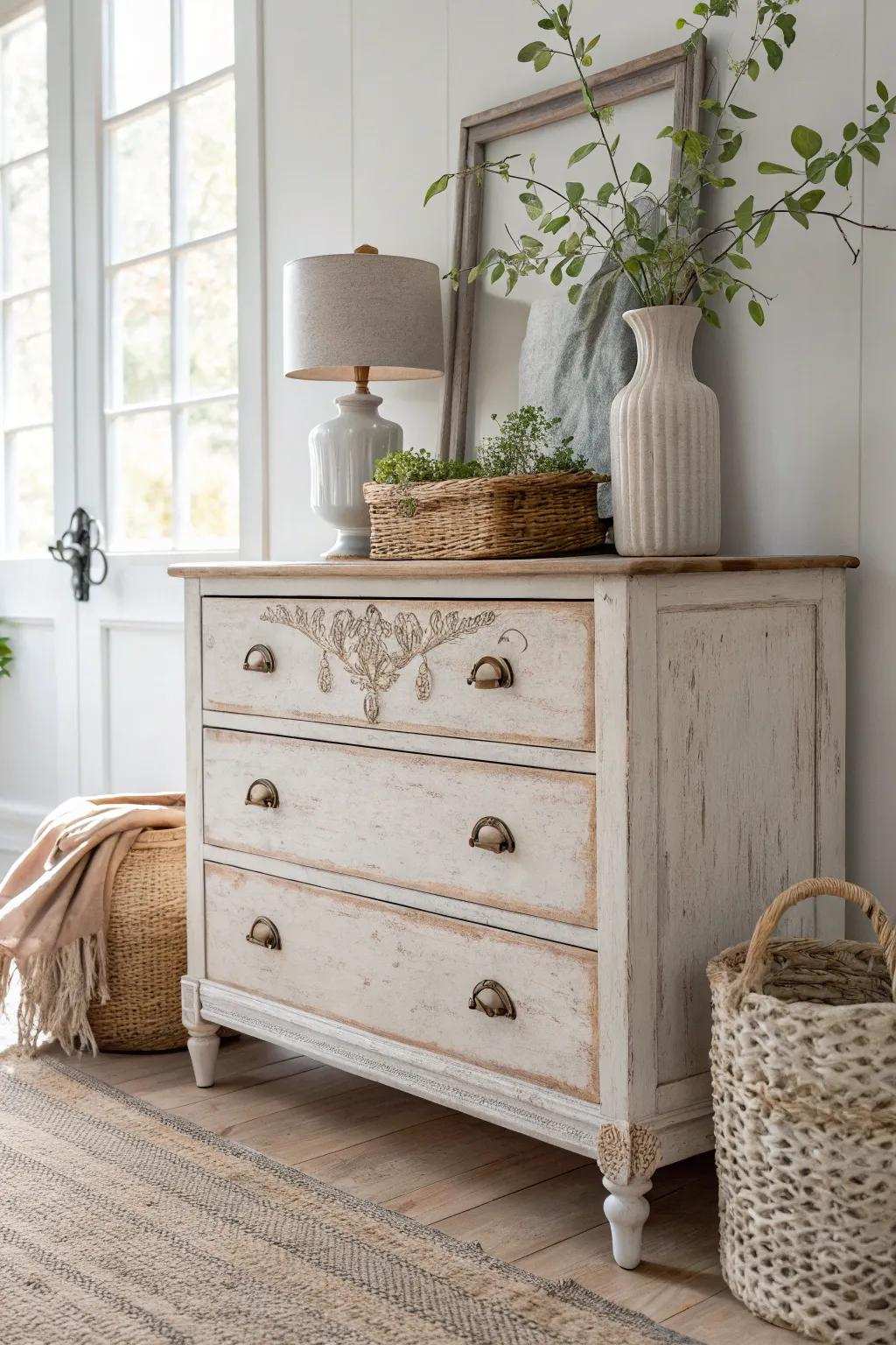 Transform your space with a vintage boho dresser that radiates charm and simplicity.