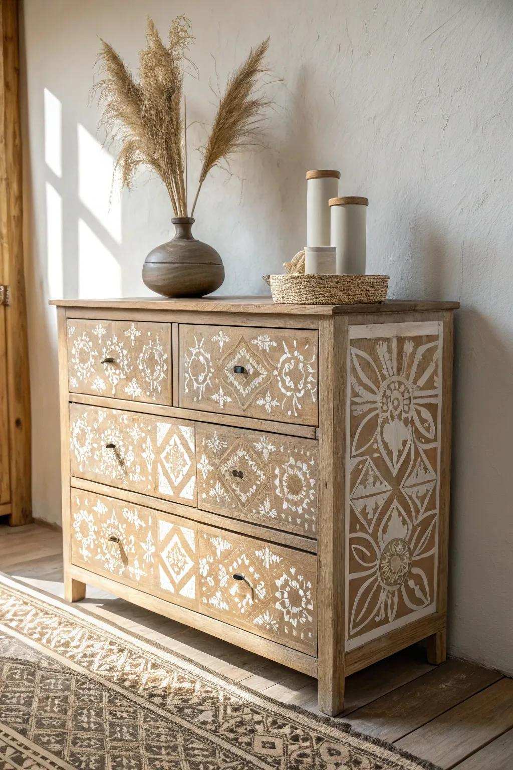 Transform your space with stenciled boho artistry. Embrace the beauty of simplicity and style.