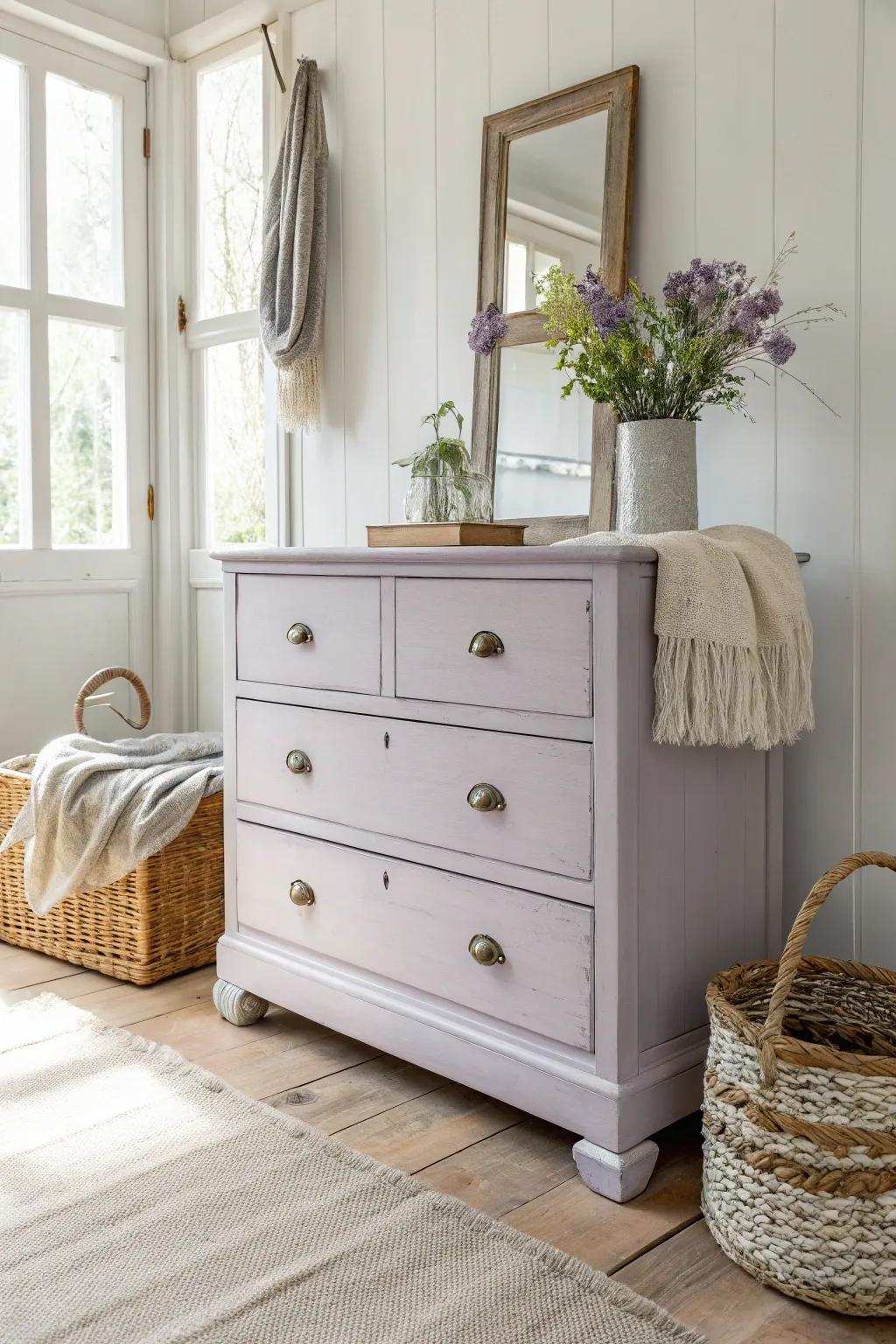 Transform your space with the calming charm of a lavender chalk-finished dresser.