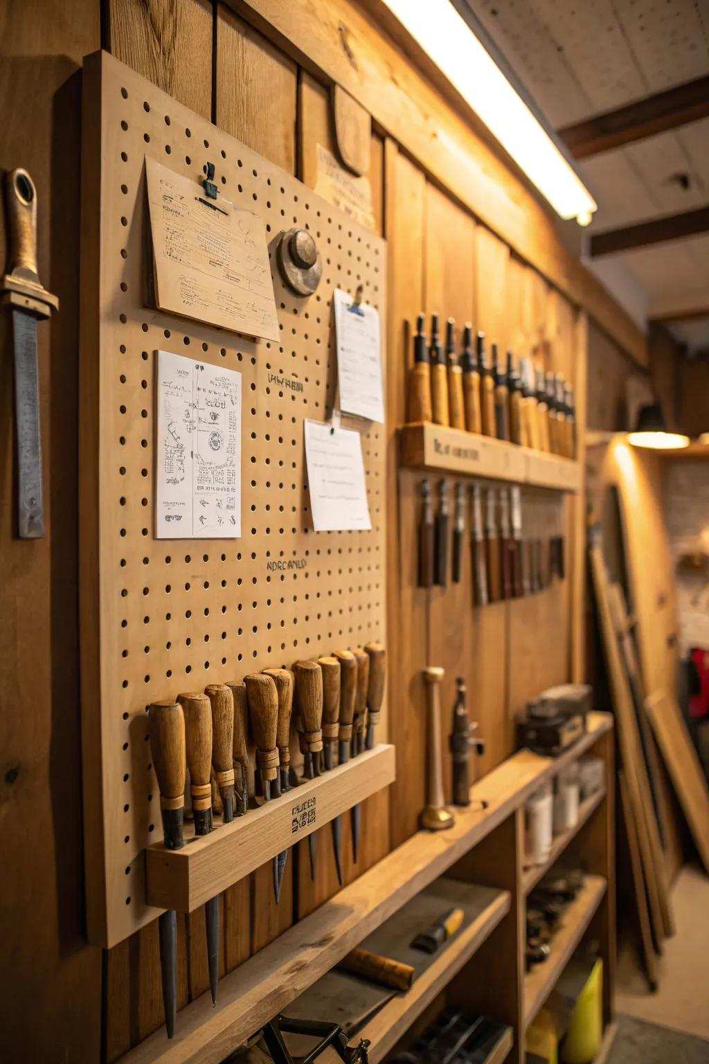 Transform your workshop through an inspiring panelboard wall that merges arrangement with creativity.