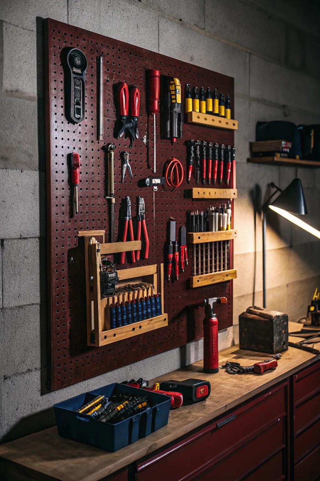 Transform your workspace into a prime Creative Space through a striking pegboard setup.