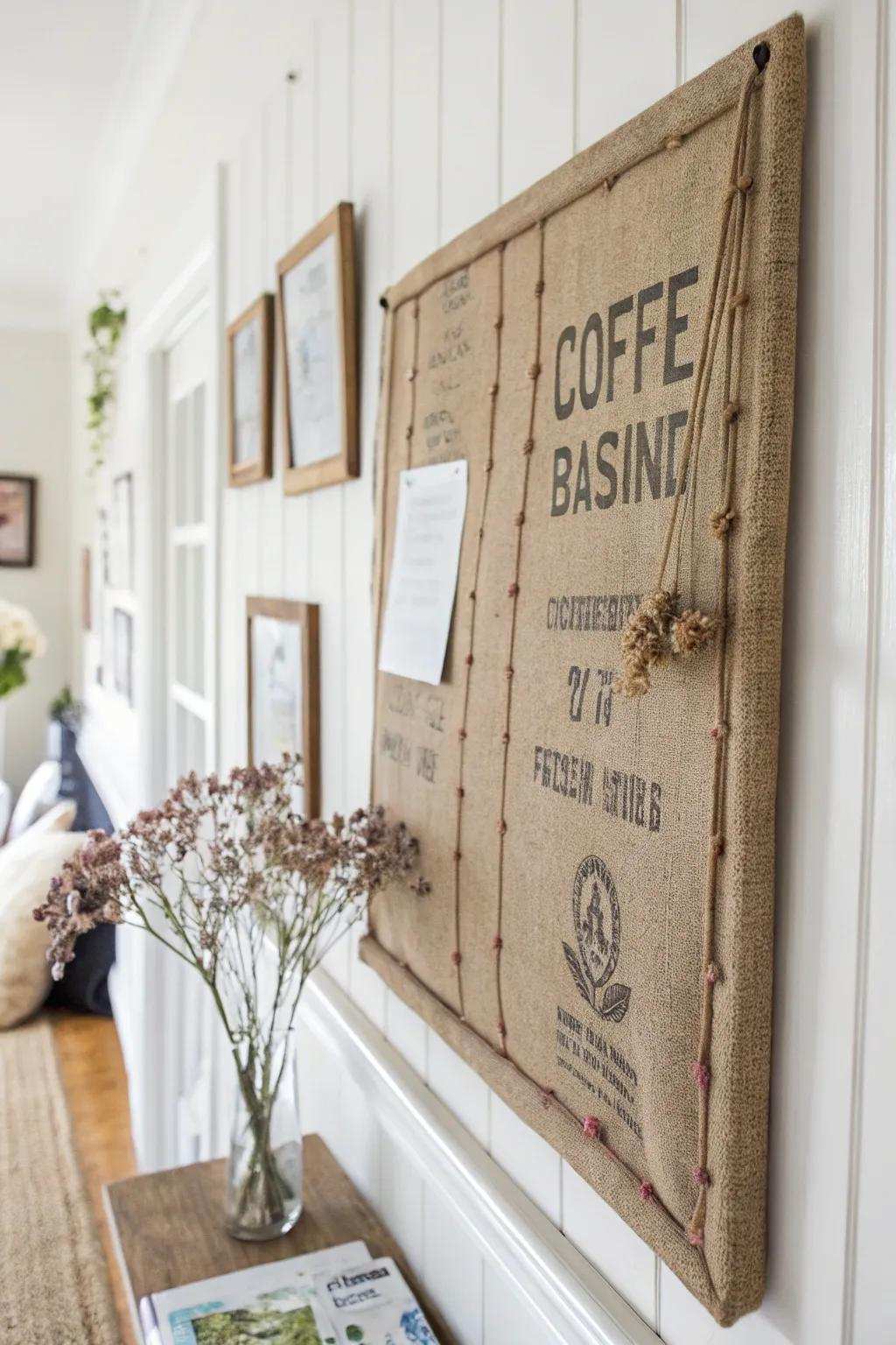 Transform your workspace using a countryside touch—make commonplace notes feel special using a grain sack notice board!