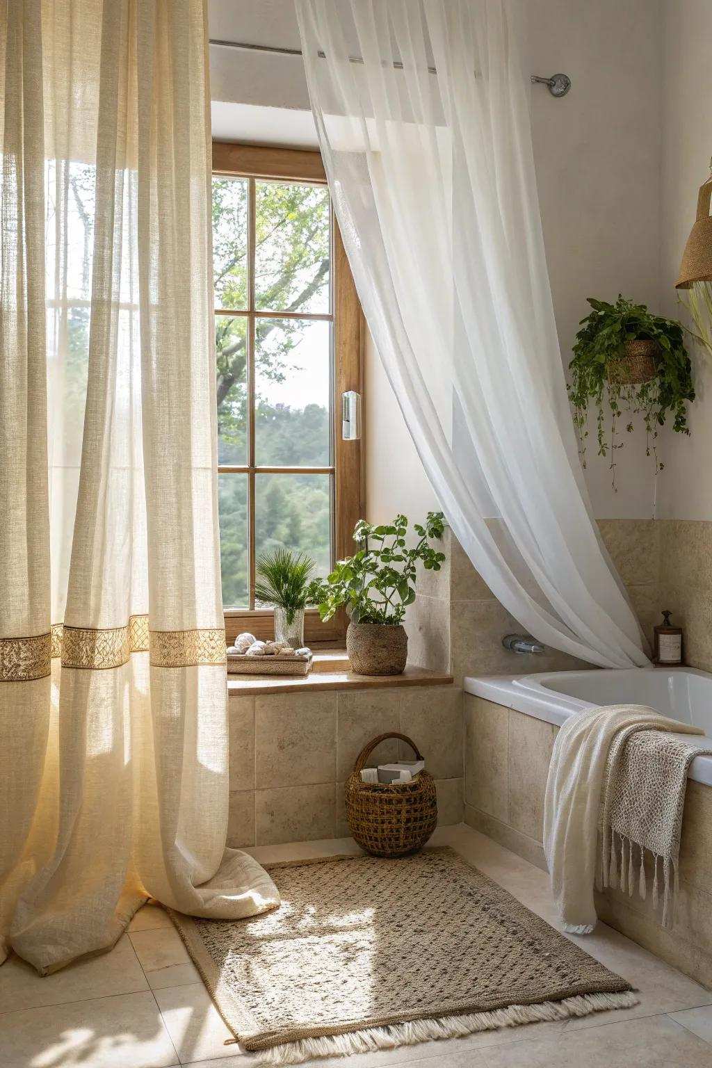 Translucent elegance: Light-diffusing drapes for your bathroom windows.