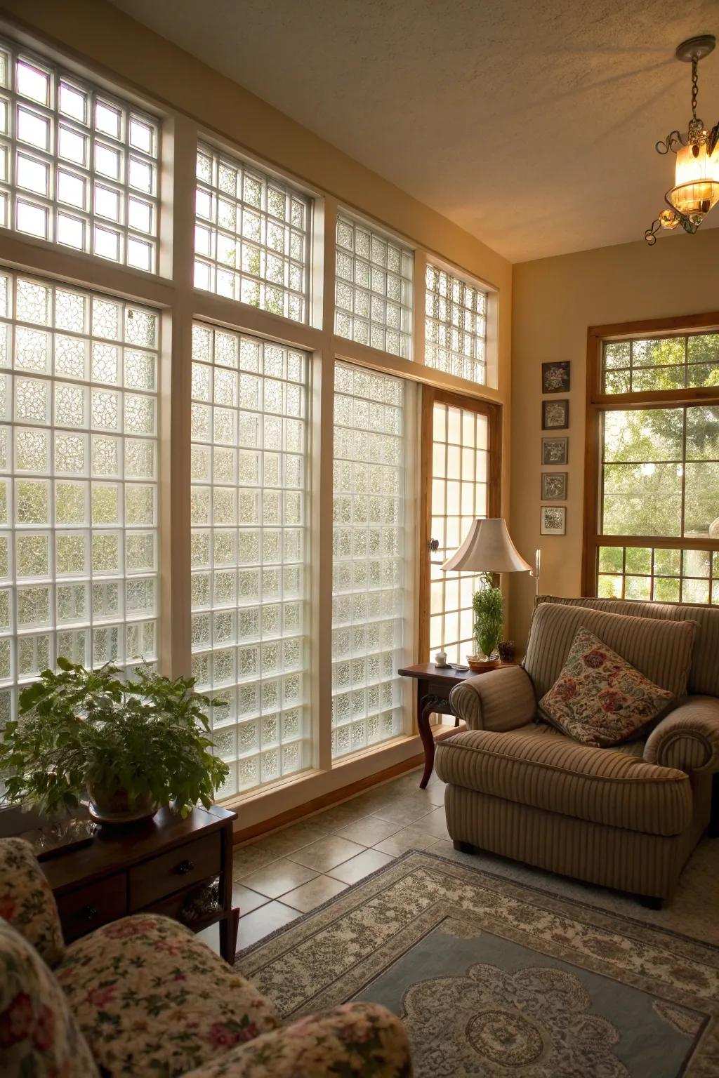 Transparent brick windows uphold seclusion and light in this inviting living space.