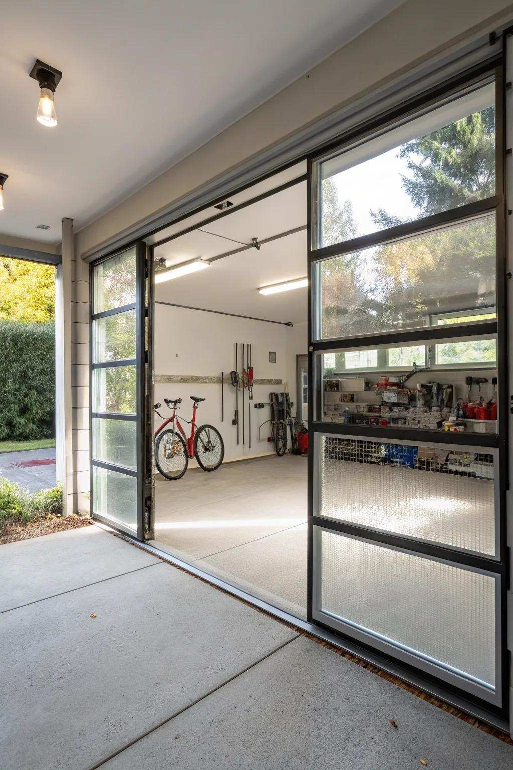 Transparent sections fashion an illuminated, spacious garage setting.