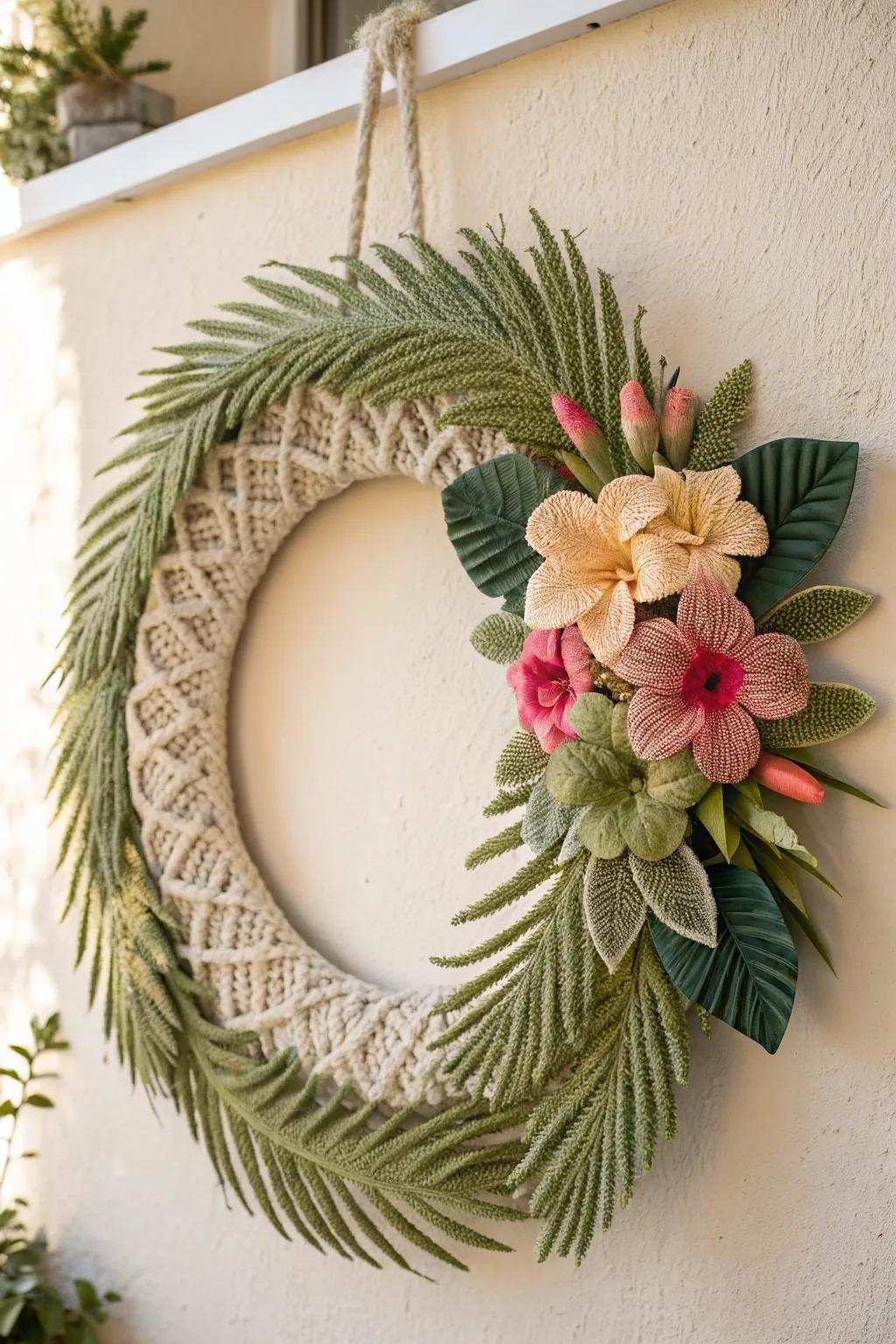 Transport a soupcon of paradise abode via this exquisite crochet tropical wreath.