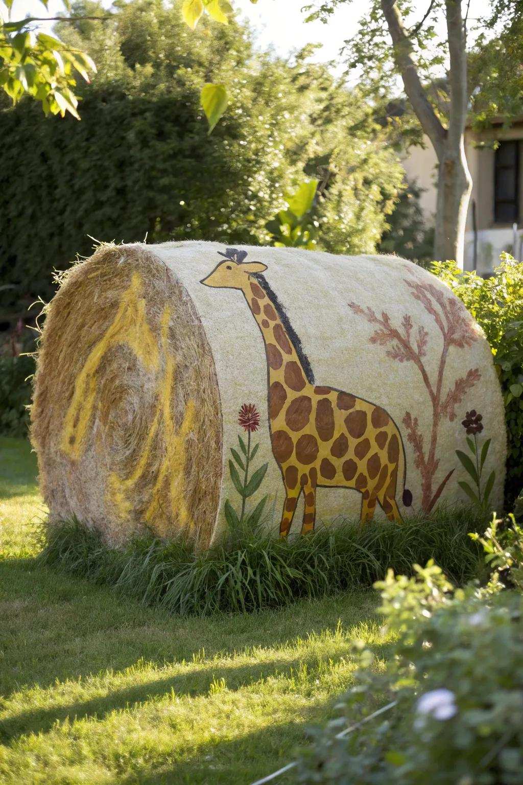 Transport the savanna to your backyard with a giraffe-inspired hay bale creation.