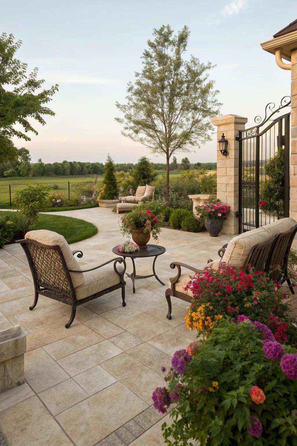 Travertine tiles contribute opulent Mediterranean grace to patios.