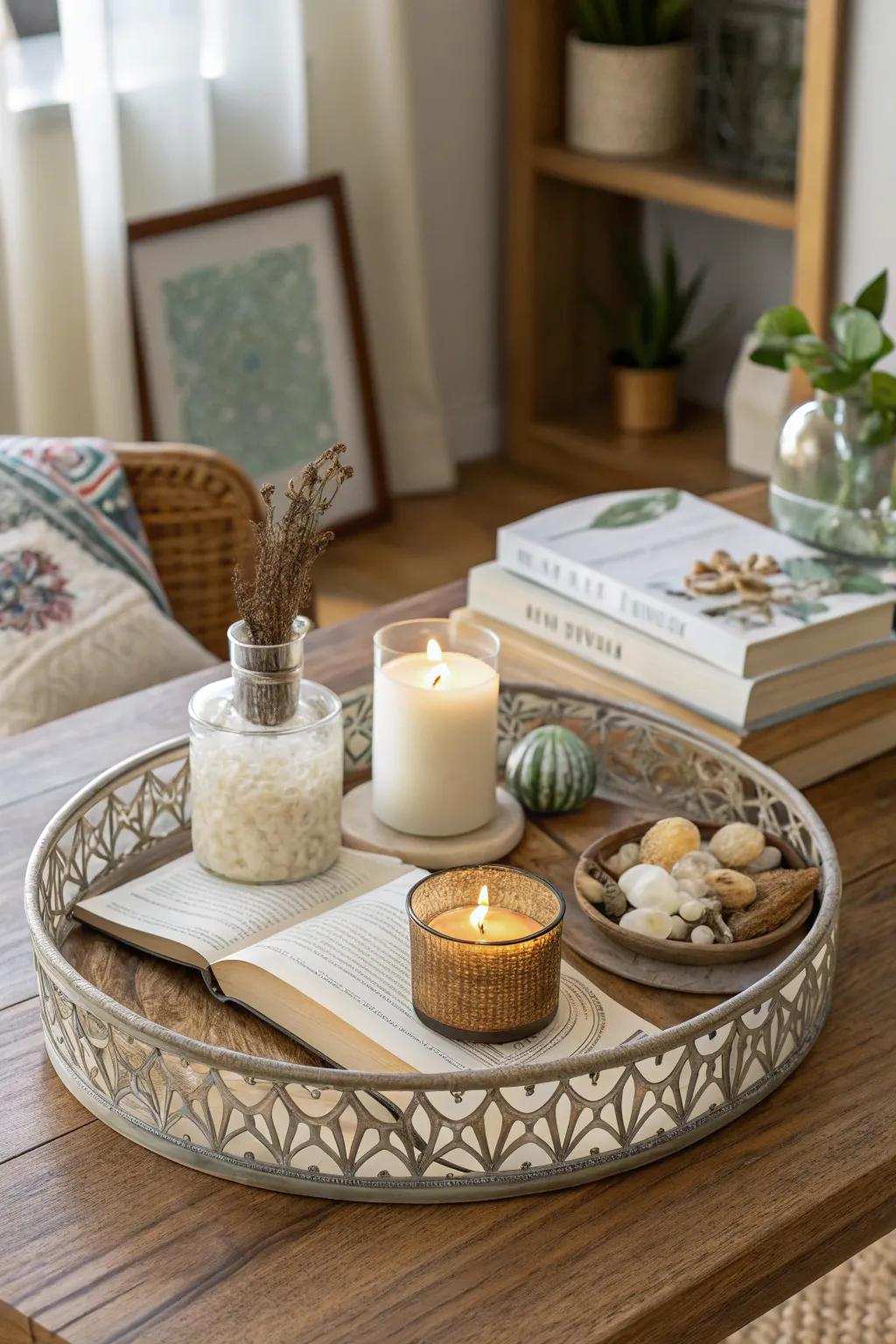 Trays contribute both framework and aesthetic allure to your arrangement situated upon the coffee table.