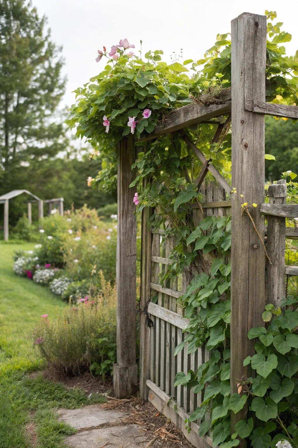 Trellis fences brace and showcase ascending flora.