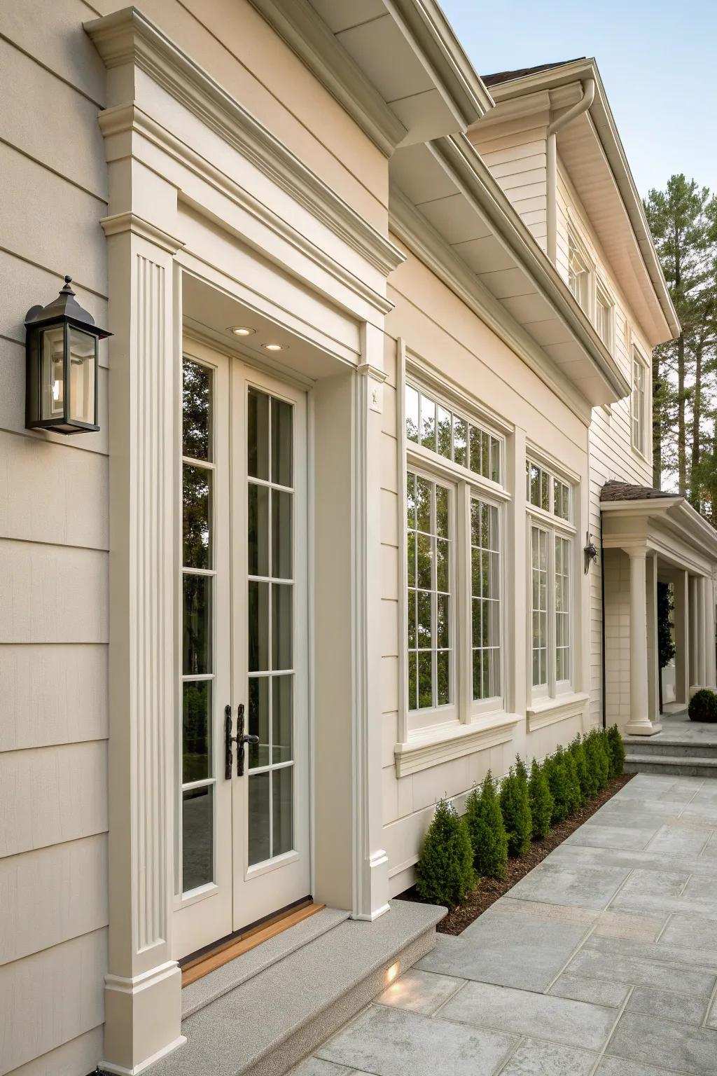 Trims that synchronize entryways and windows yield architectural continuity.
