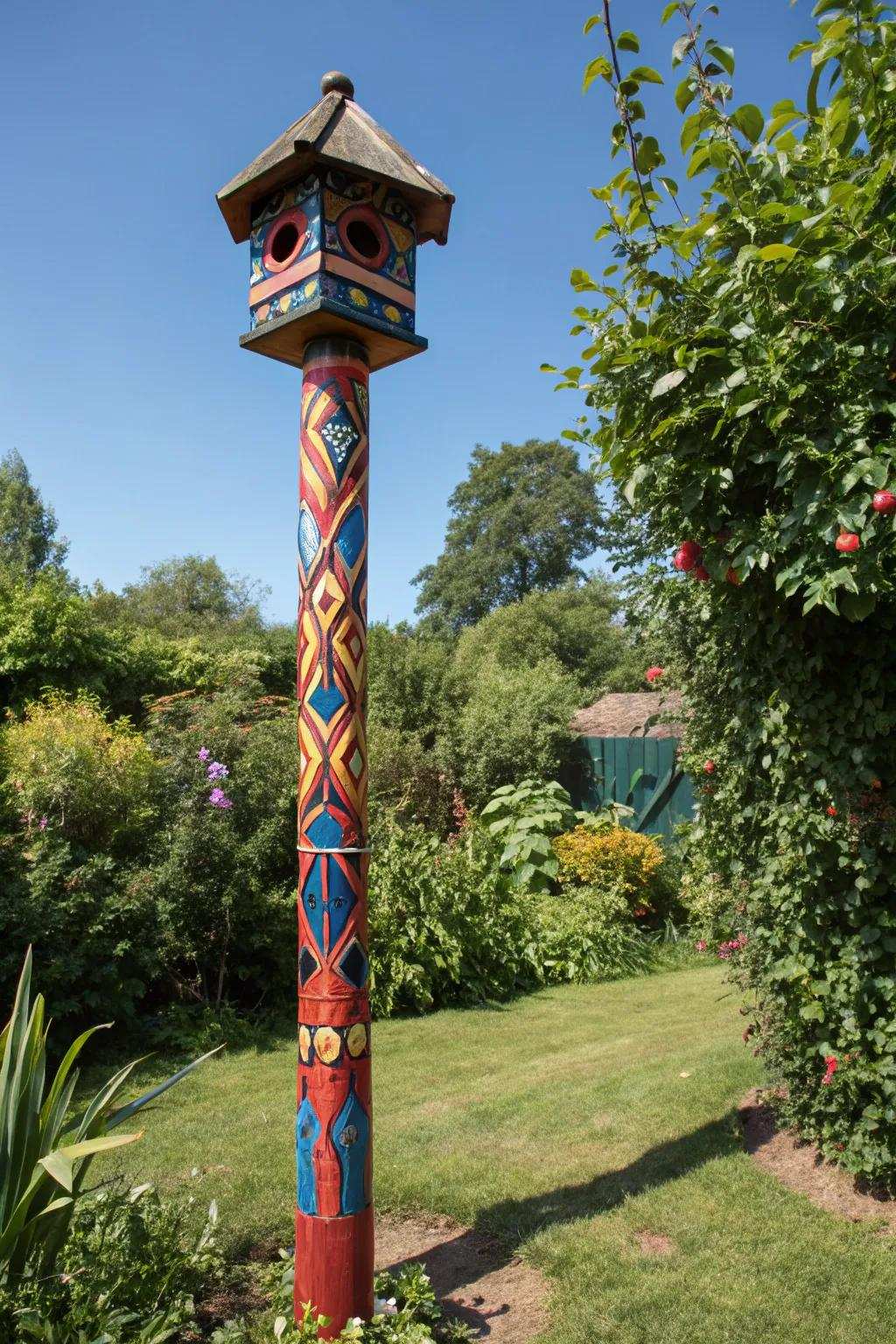 Turn your garden into a lively sanctuary with a vividly painted bird station pole.