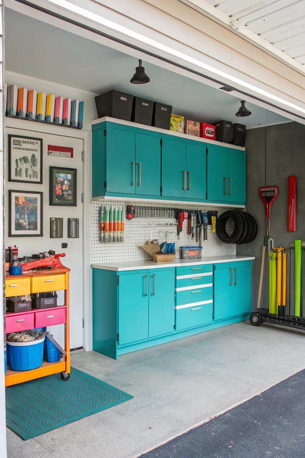 Turquoise organizers add an inventive and lively touch.