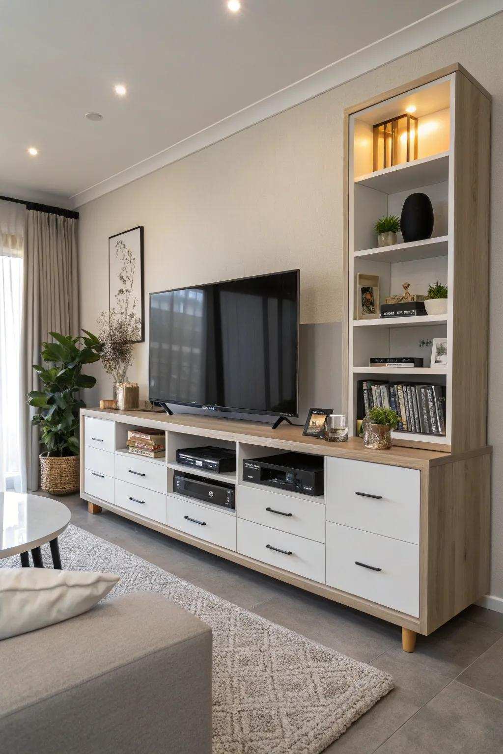 TV console with integrated storage for a clutter-free look.