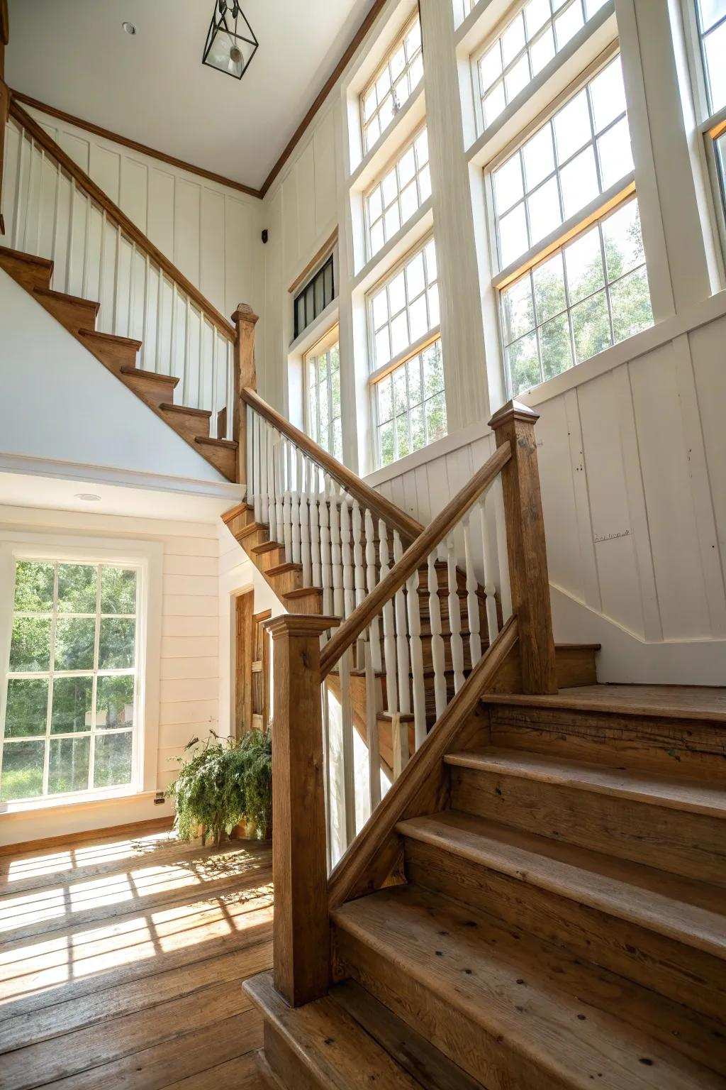 Unblocked elevators sustain an airy perception throughout your farmhouse staircase.