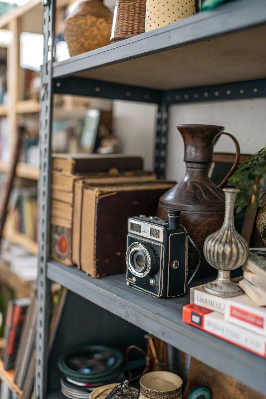 Uncommon objects such as a retro camera add intrigue to the shelf.