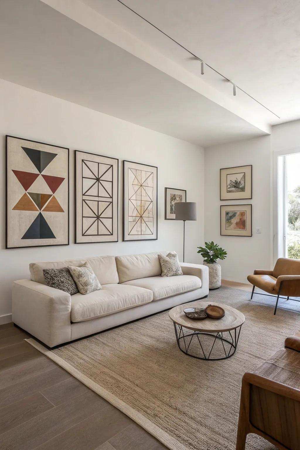 Uncomplicated geometric artwork enhances the minimalist vibe with a personal stamp.