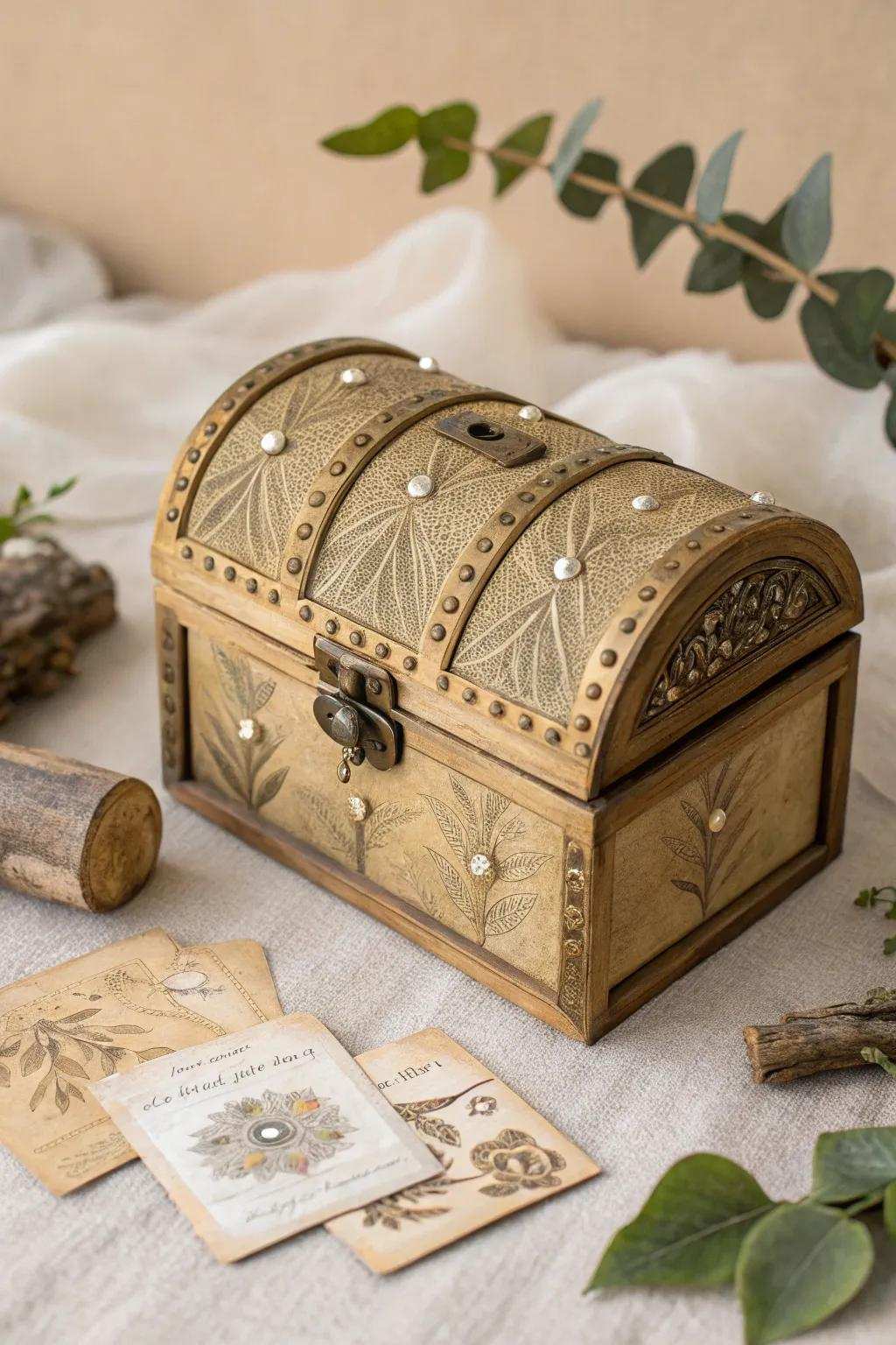 Uncover the allure of a gilded valuable coffer card box—an exquisite convergence of whimsy and craftsmanship for your momentous day.