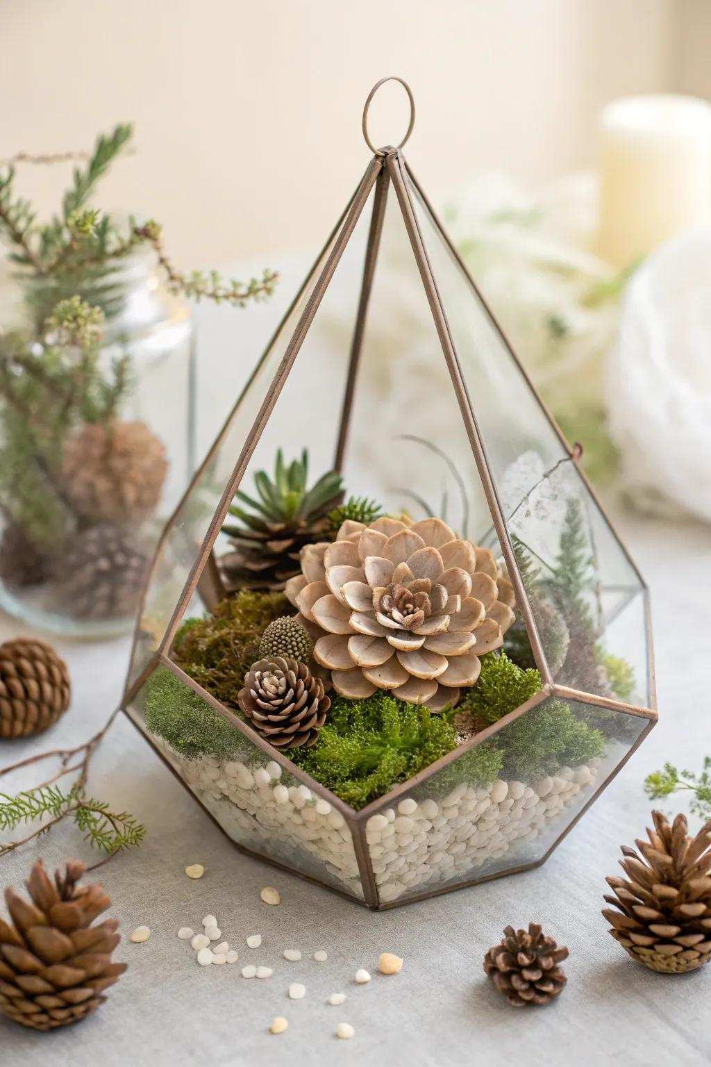 Uncover the artistry of nature with a Pinecone Floret Vivarium—where simplicity converges with elegance in a miniature universe.