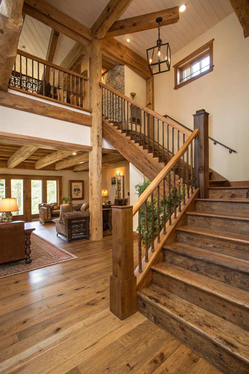 Uncovered supports integrated into a staircase for a unified country theme.