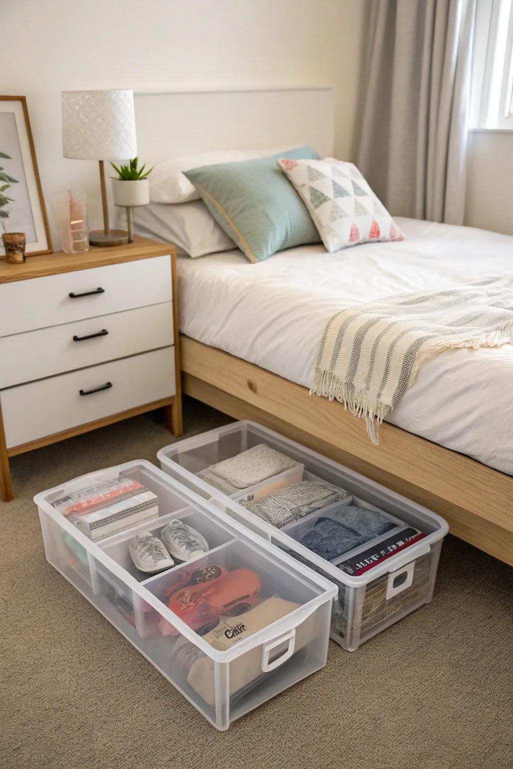 Under-bed storage boxes neatly keep items out of view.