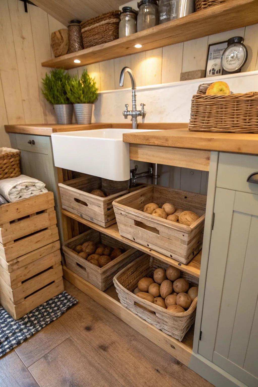Under-sink cabinet creatively employed for potato stowage.