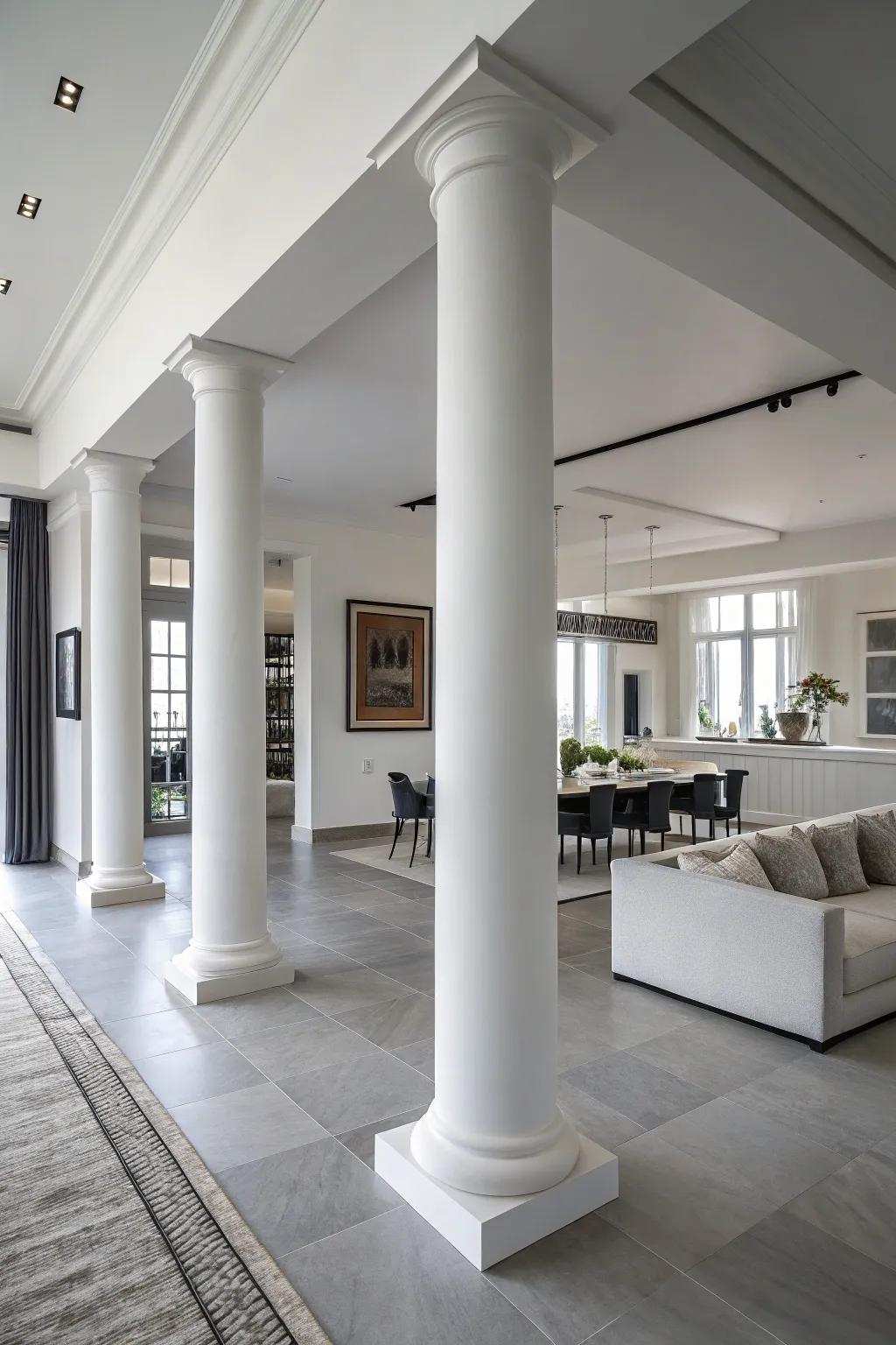 Understated pillars providing subtle separation in a streamlined, modern living space.