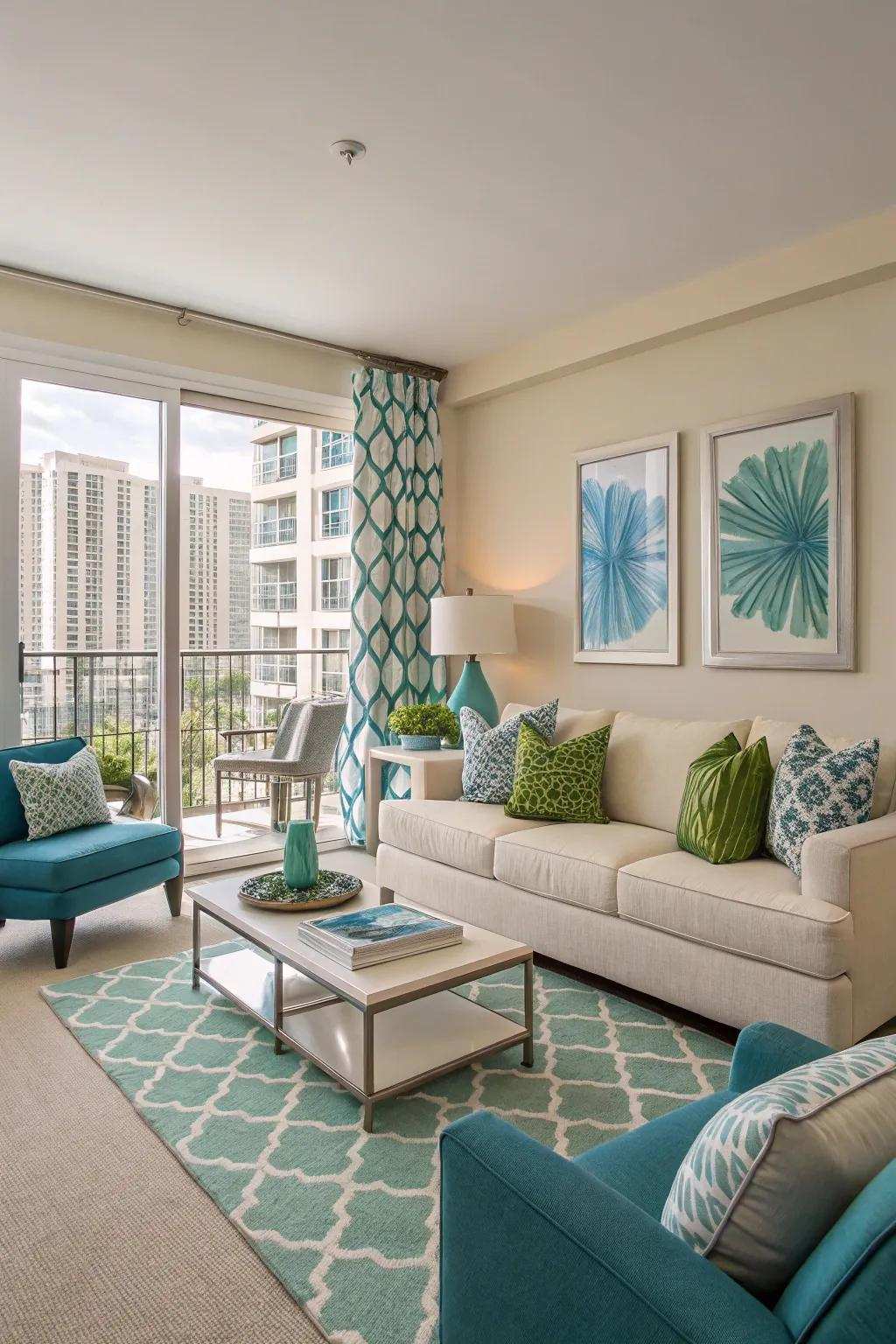 Understated tones combined with vibrant color highlights in a fashionable living room.