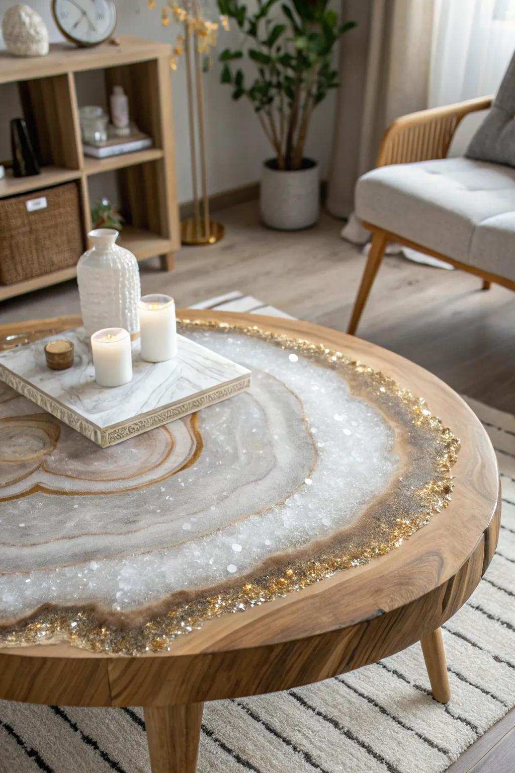 Unearth the enchantment involving geodes via this captivating epoxy resin coffee table, wherein artistry encounters organic elements.