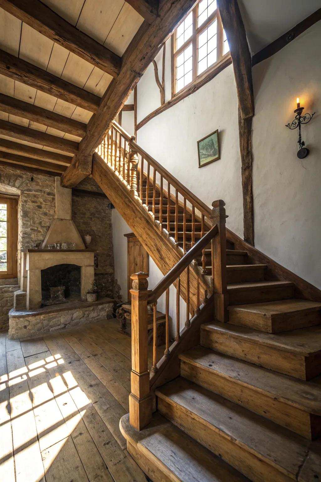 Unfinished wood banisters enrich warmth and genuineness to your farmhouse staircase.