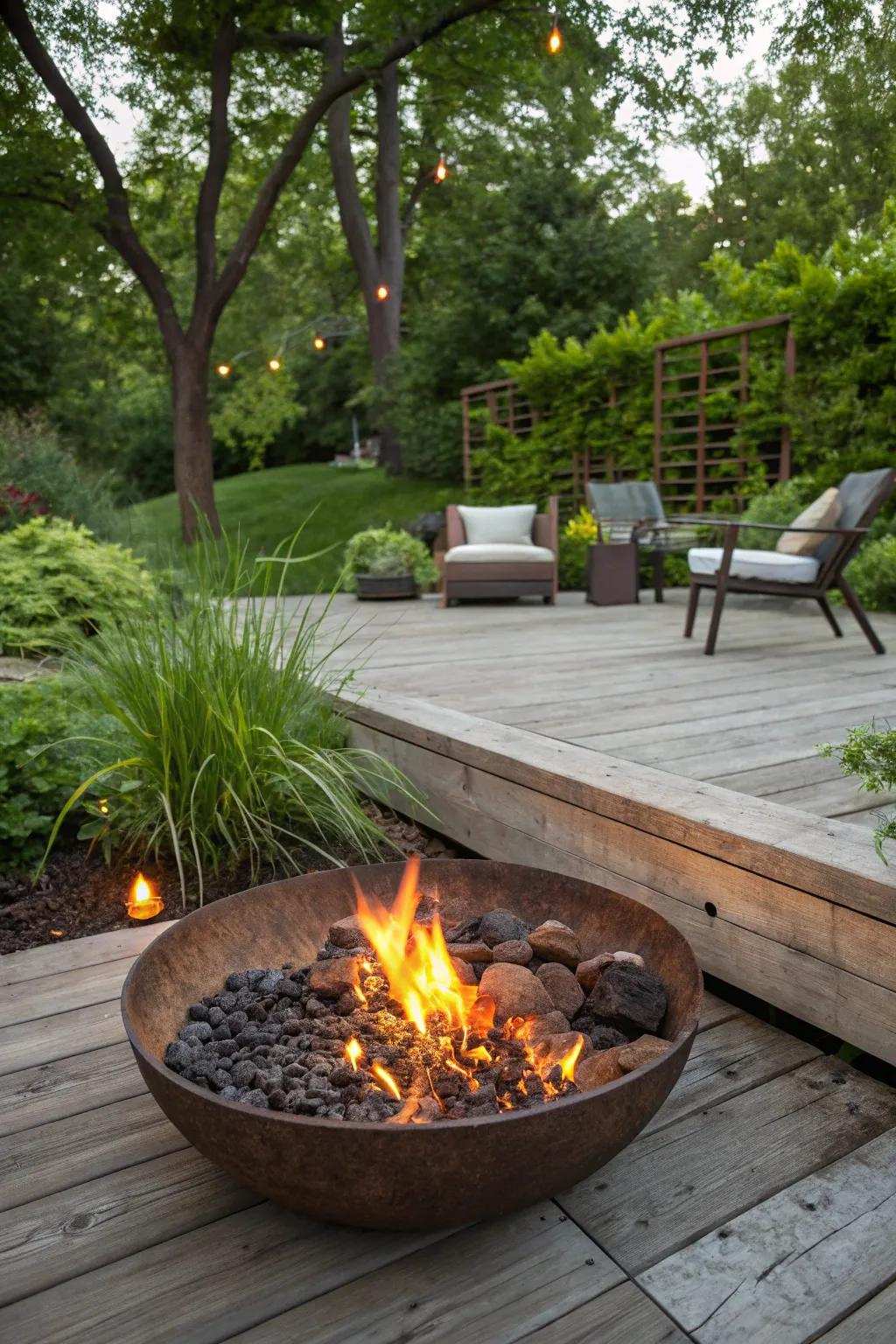 Unify your fire feature with nature by using a recessed design for a seamless aesthetic.