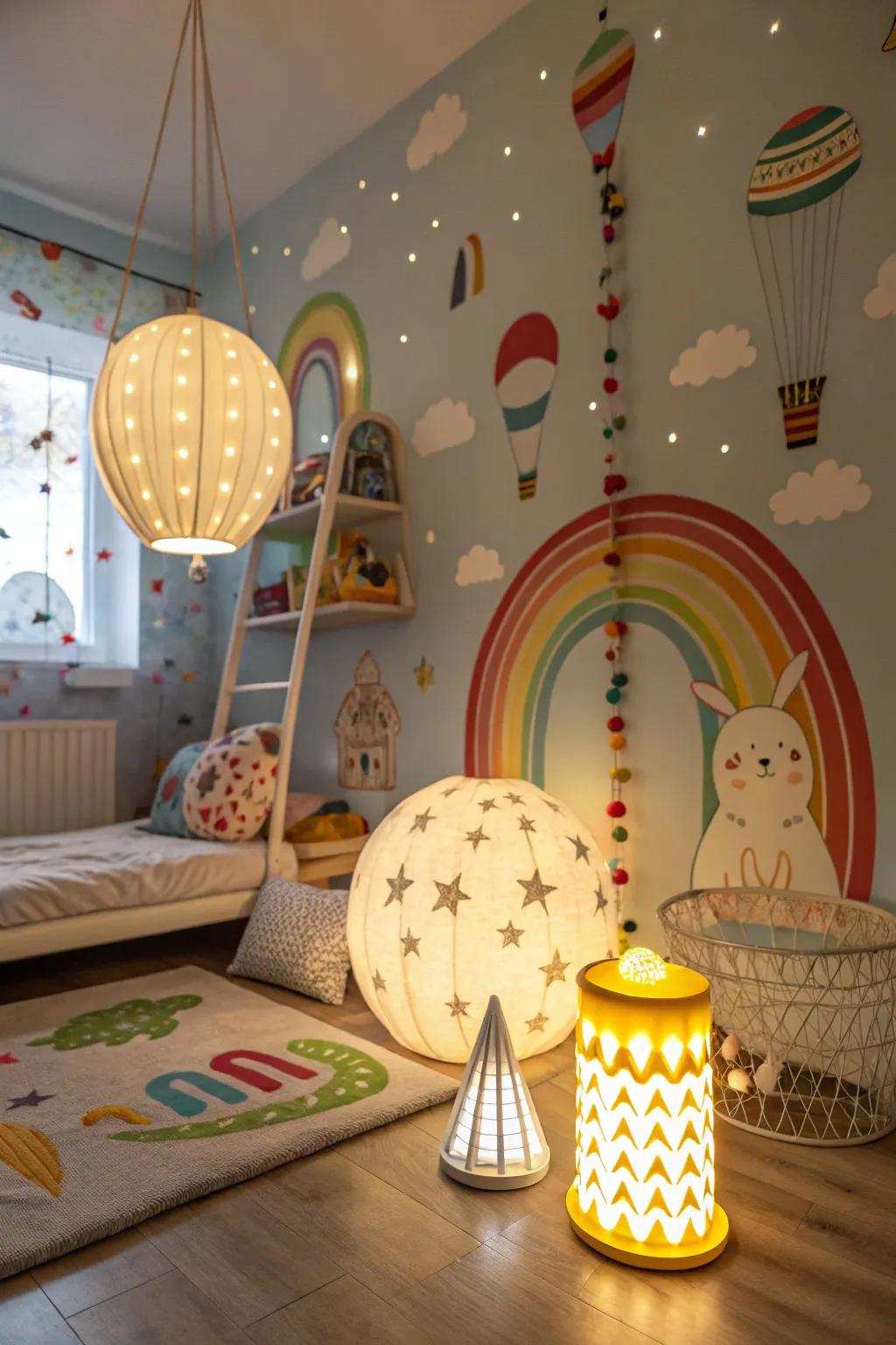 Unique illumination enhances the room's ambiance.