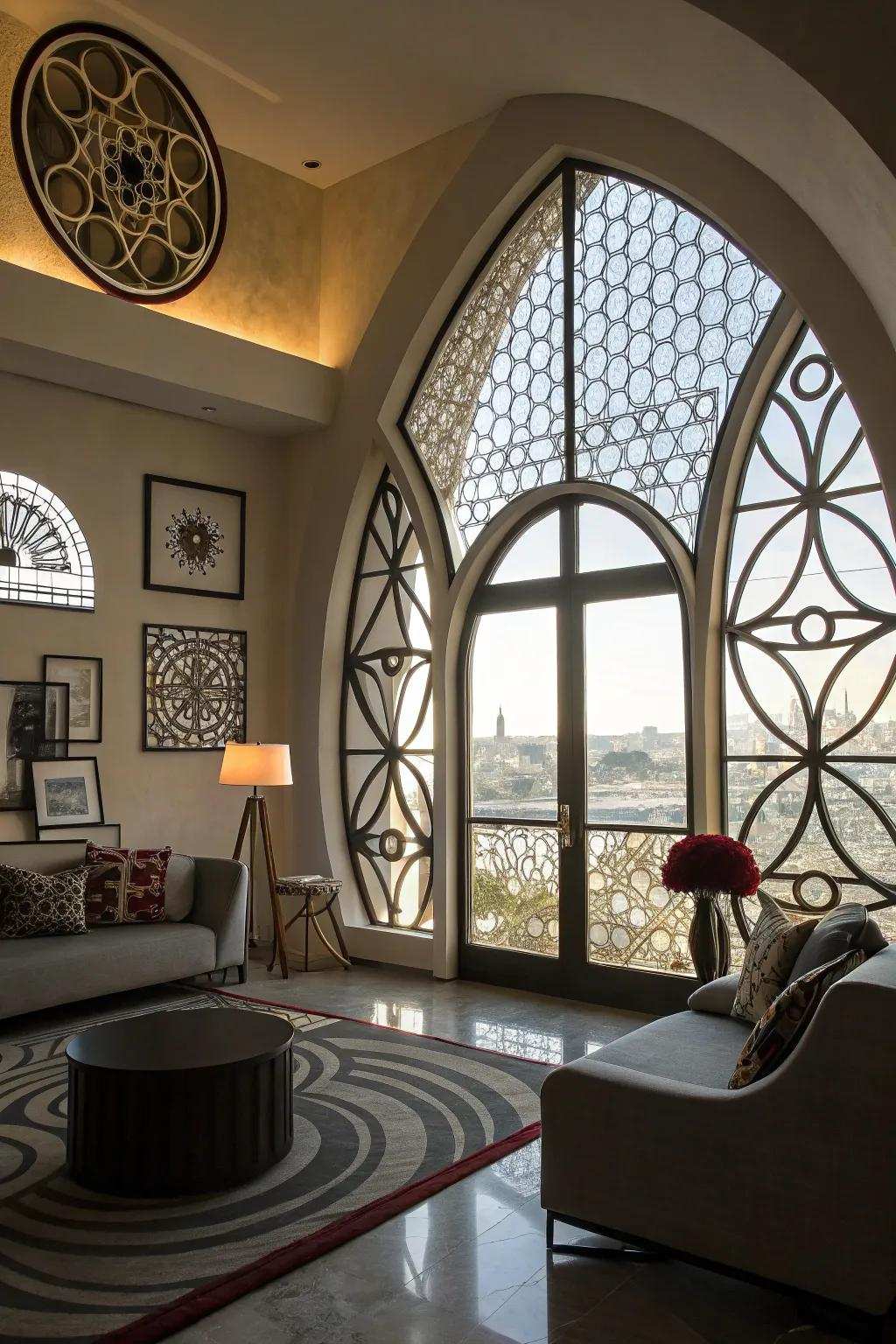 Unique window forms add a bold statement to the space.