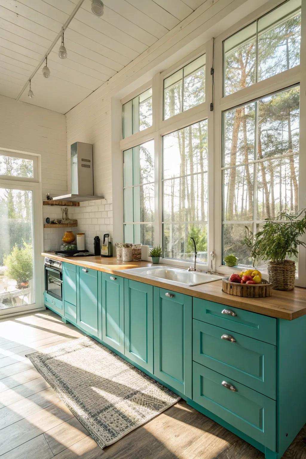 Unprocessed illumination intensifying the vibrancy of robin's egg blue kitchen cabinetry.