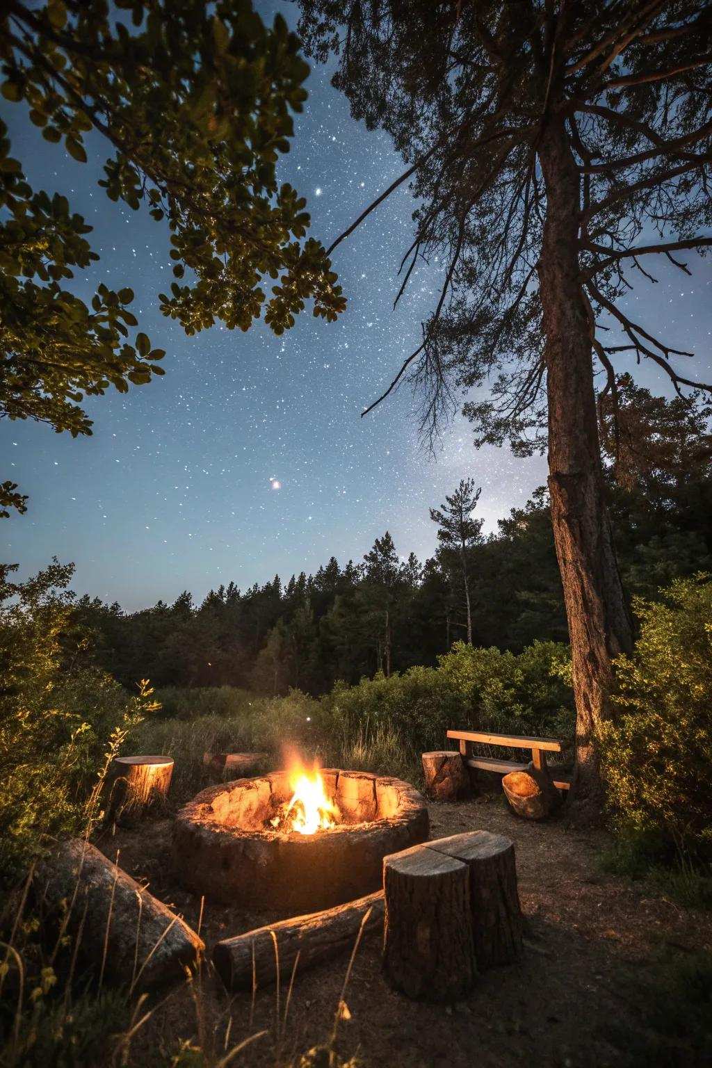 Unprocessed tree-trunk seating fashions an organic and inviting firepit space.
