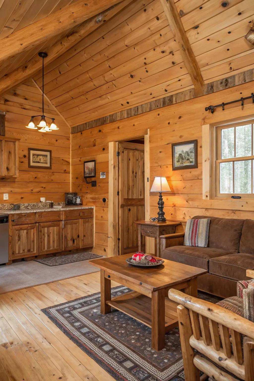 Unrefined pine cladding walls displaying original beauty and texture.
