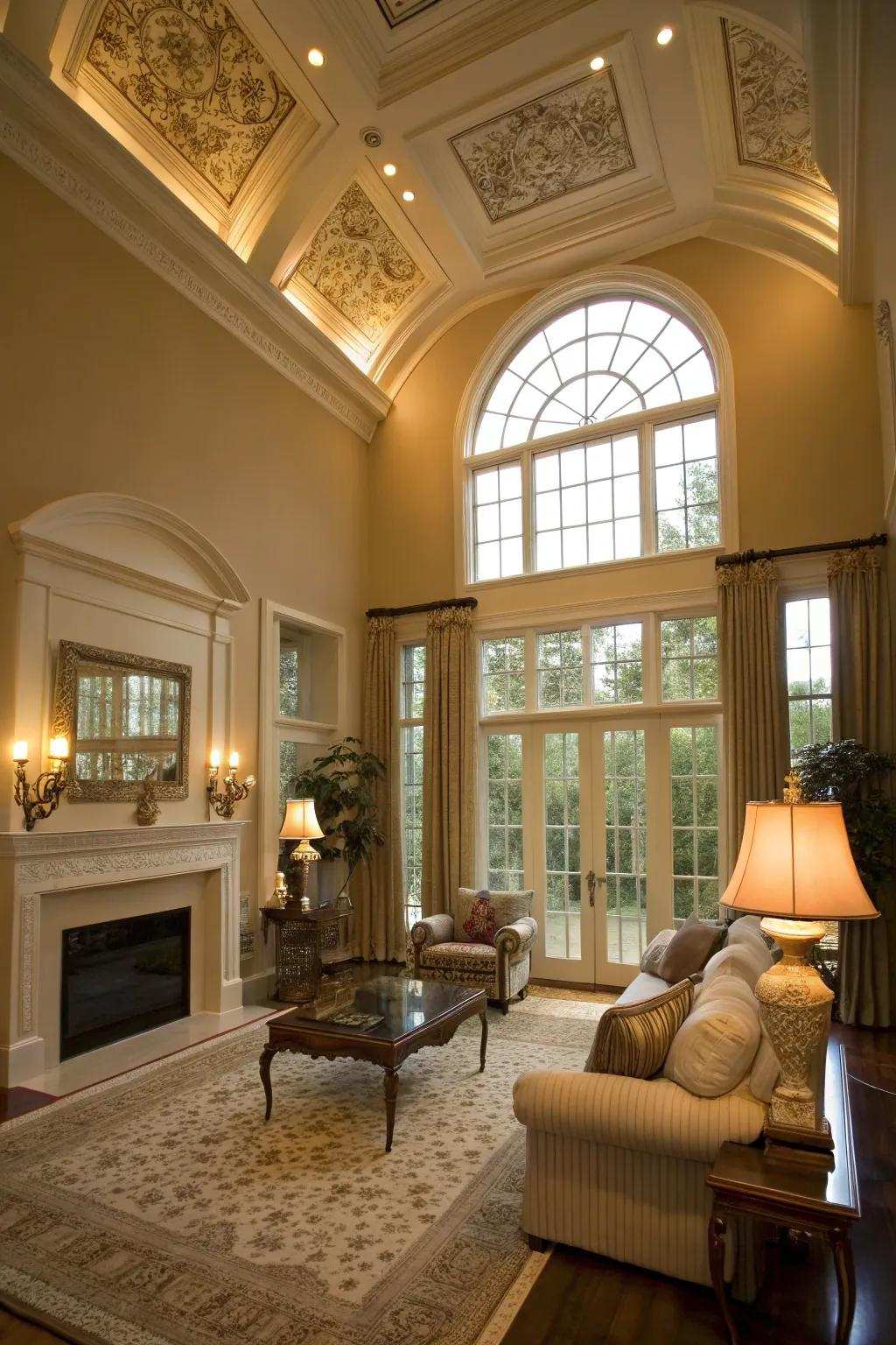 Upper windows contribute sophistication and height to this elegant living area.