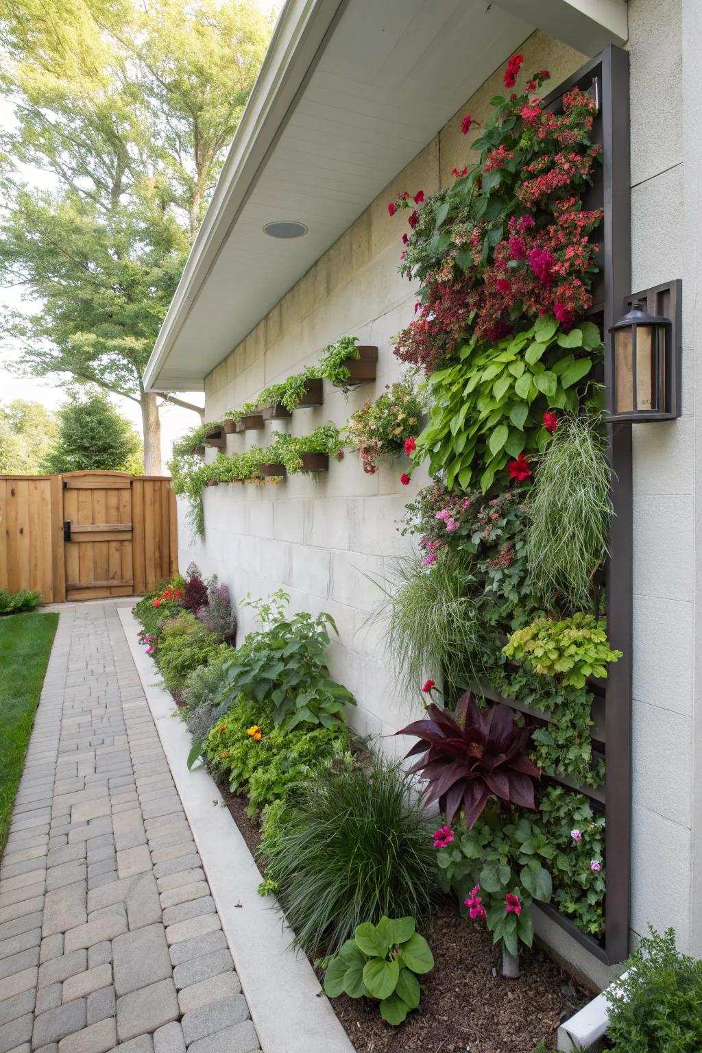 Upright gardens infuse life and color into outdoor walls.