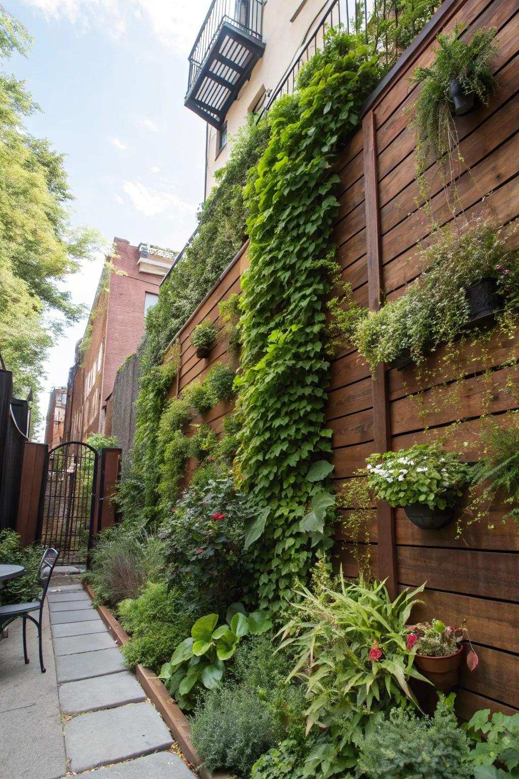 Upright gardens introduce lively greenery to townhouse backyard walls.