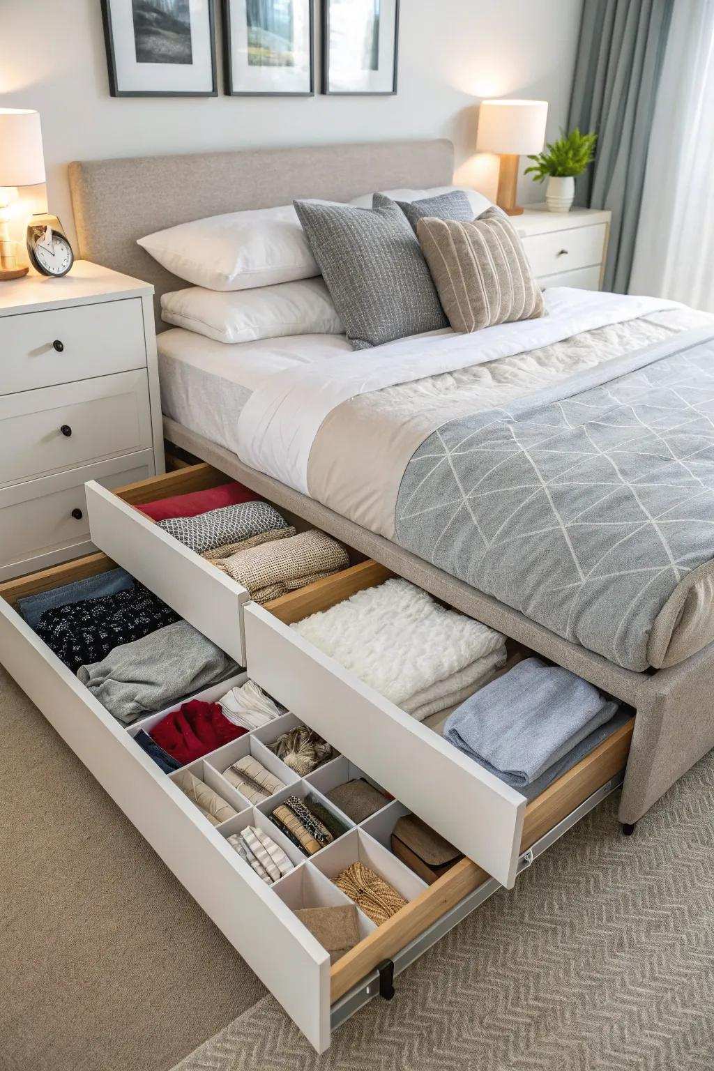 Utilize bedroom space to the fullest with innovative under-bed storage options.