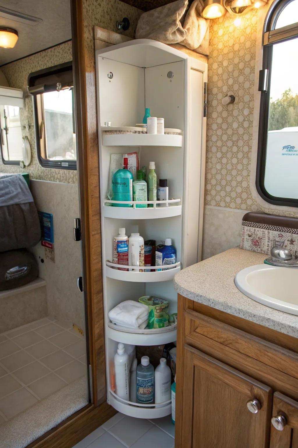 Utilize corner spaces effectively with swiveling shelves.