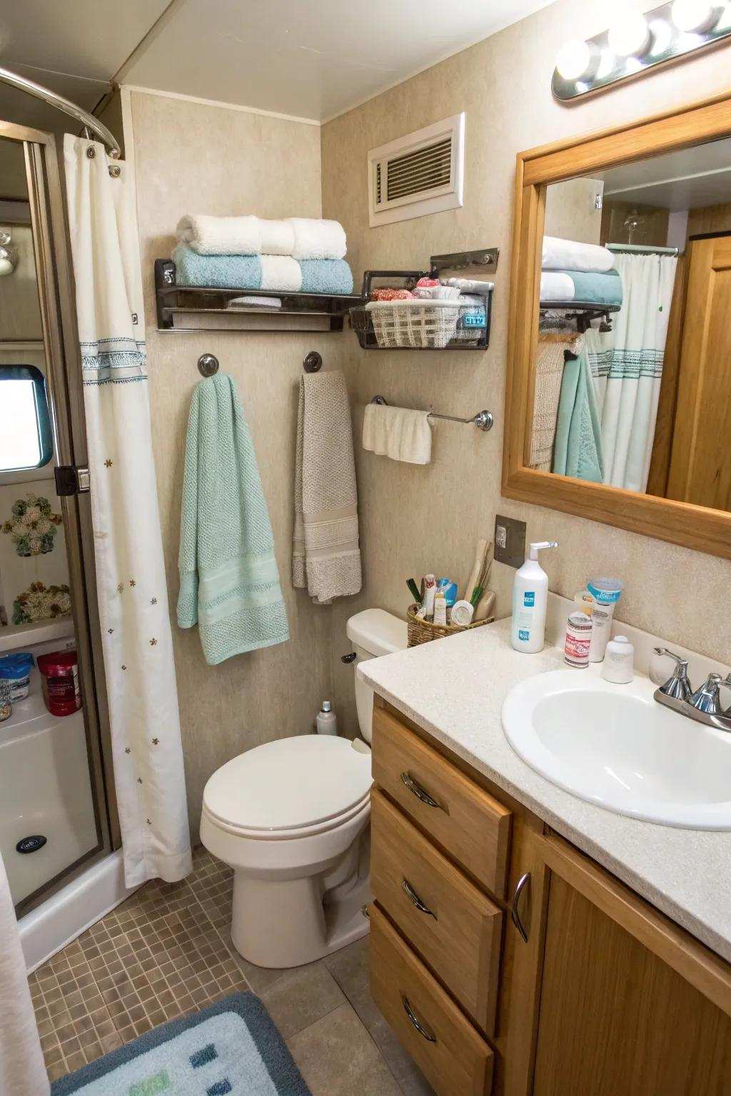 Utilize self-adhesive hooks for versatile hanging options.