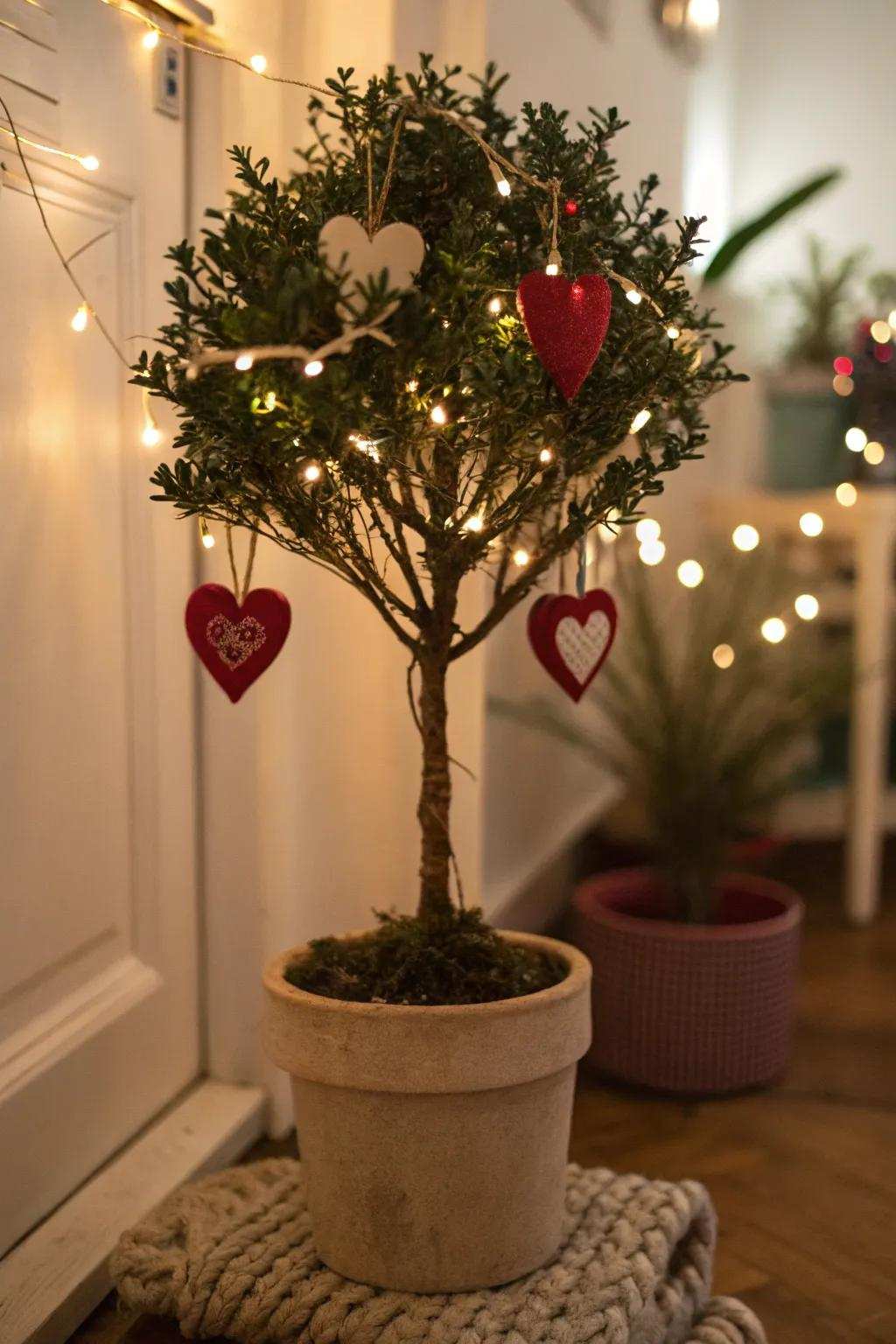 Valentine's Day tree adorned with heart ornaments