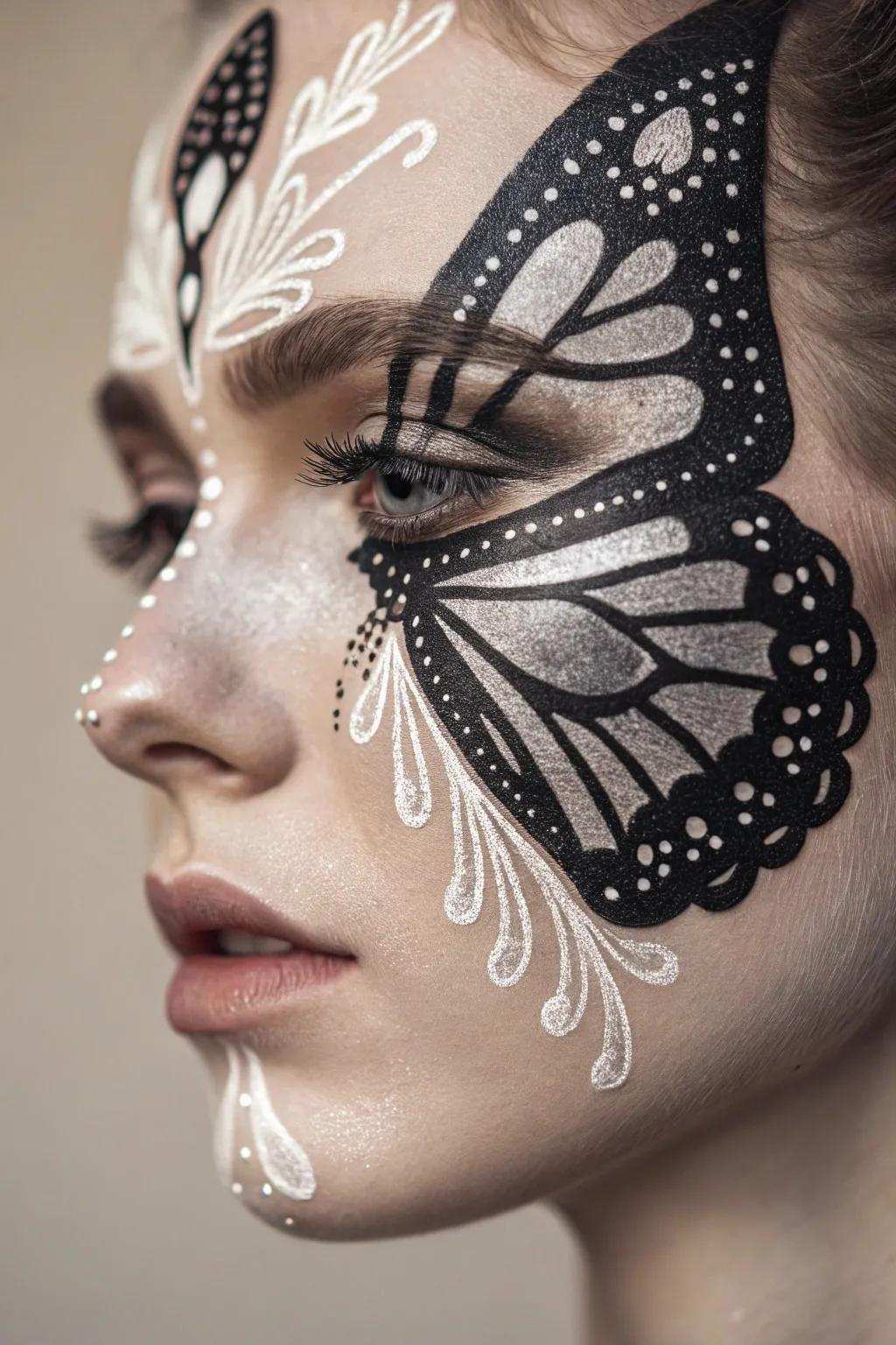 Value elegance with this monochrome butterfly face art, where simplicity meets sophistication.
