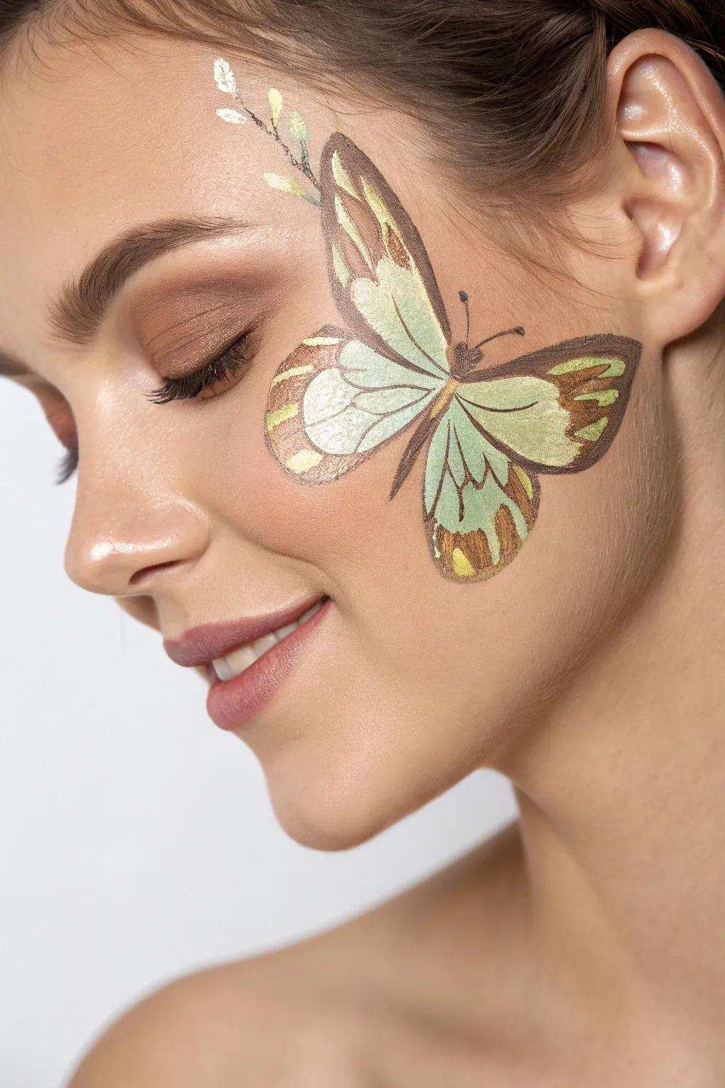 Value nature's elegance using this straightforward yet stunning butterfly face art design. Perfectly blending minimalism and boho appeal, it's a genuine celebration of natural beauty.