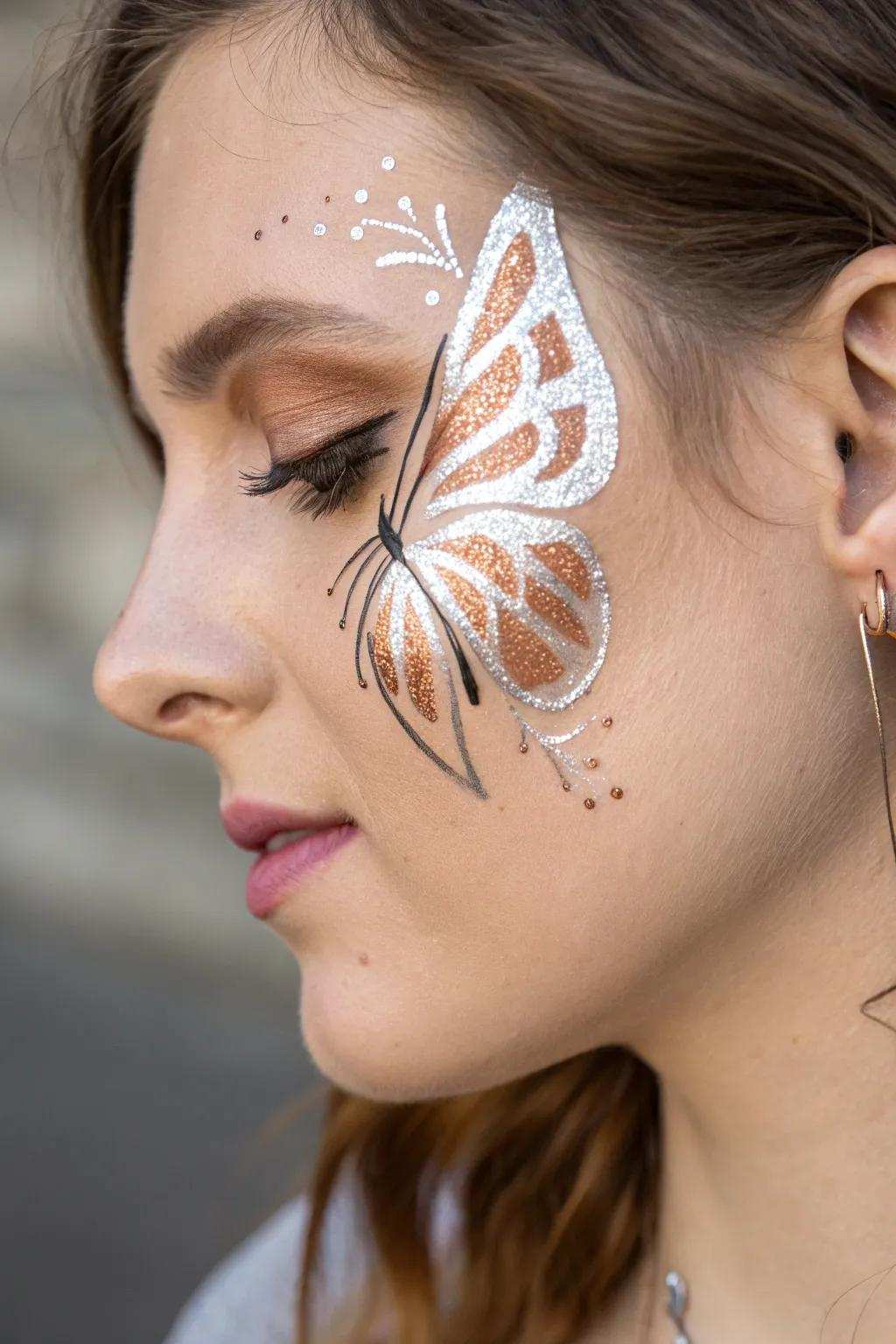 Value the magic of shimmers with this stunning butterfly face art, where simplicity meets ethereal shine.