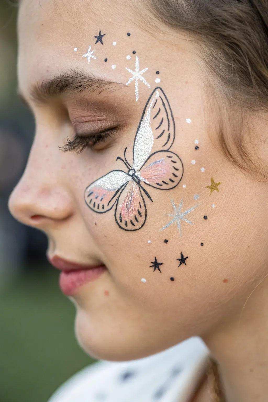 Value the wonder of simplicity with starlight butterfly face art, where minimalism meets enchantment.